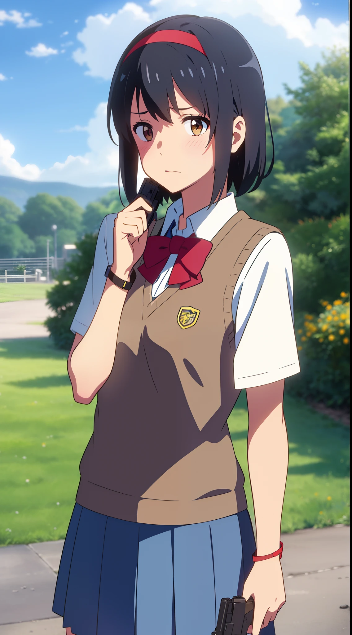shinkai makoto, kimi no na wa., 1girl, bangs, black hair, blush, brown eyes, collared shirt, headband, looking at the viewer, Clavicle, red bow, red headband, red ribbon, school uniform, shirt, short hair, medium breasts, solo, sweater vest, vest, white shirt, yellow sweater vest, yellow vest, skirt, blue skirt, short sleeves, day, blue sky, cloudy_sky, sunlight, Outdoors, shiny skin, Despair Face, bracelet, holding gun, assault rifle, assault rifle, trigger_discipline, low-ready, trigger discipline, cowboy shot, perfect hands