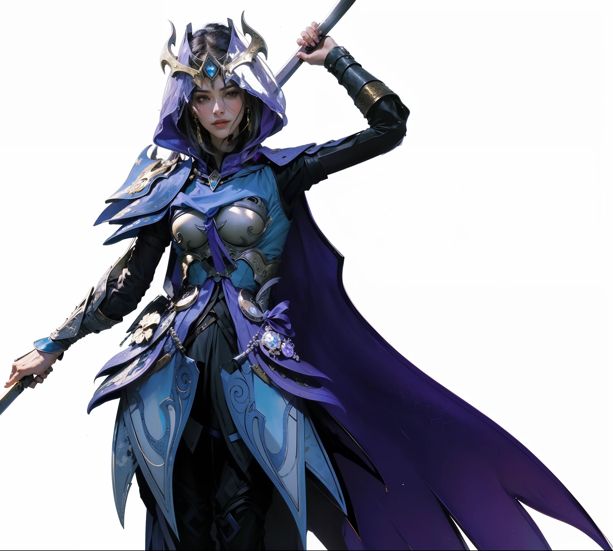 good-looking face,Beautuful Women,assassins,Purple clothes,Violet blue clothes,Female Assassin,Cold,mizore,Long Gun,The Witch,Beautuful Women,bow and arrows,leathers,metals,ssmile,low head,Small li,teens girl,ember,the face,the hair,Hairline,woman's face,femele,Black hair,woman,heads,the face,jewely,Pedras preciosas,Diamond,Flashy clothes,obi strip,decor,metals,metals,golds,gold,Cloth pleats,Pedras preciosas,32K ,(tmasterpiece,top-quality,best qualityer,offcial art),(8K,best qualityer,tmasterpiece:1.2),(((white backgrounid,)))(goods/Baoxiang),fanciful,Europeans,medieval times,Masterpiece, Realistic image of rustic medieval. Genre fantasy, fiction,metals,32K ,(tmasterpiece,top-quality,best qualityer,offcial art)