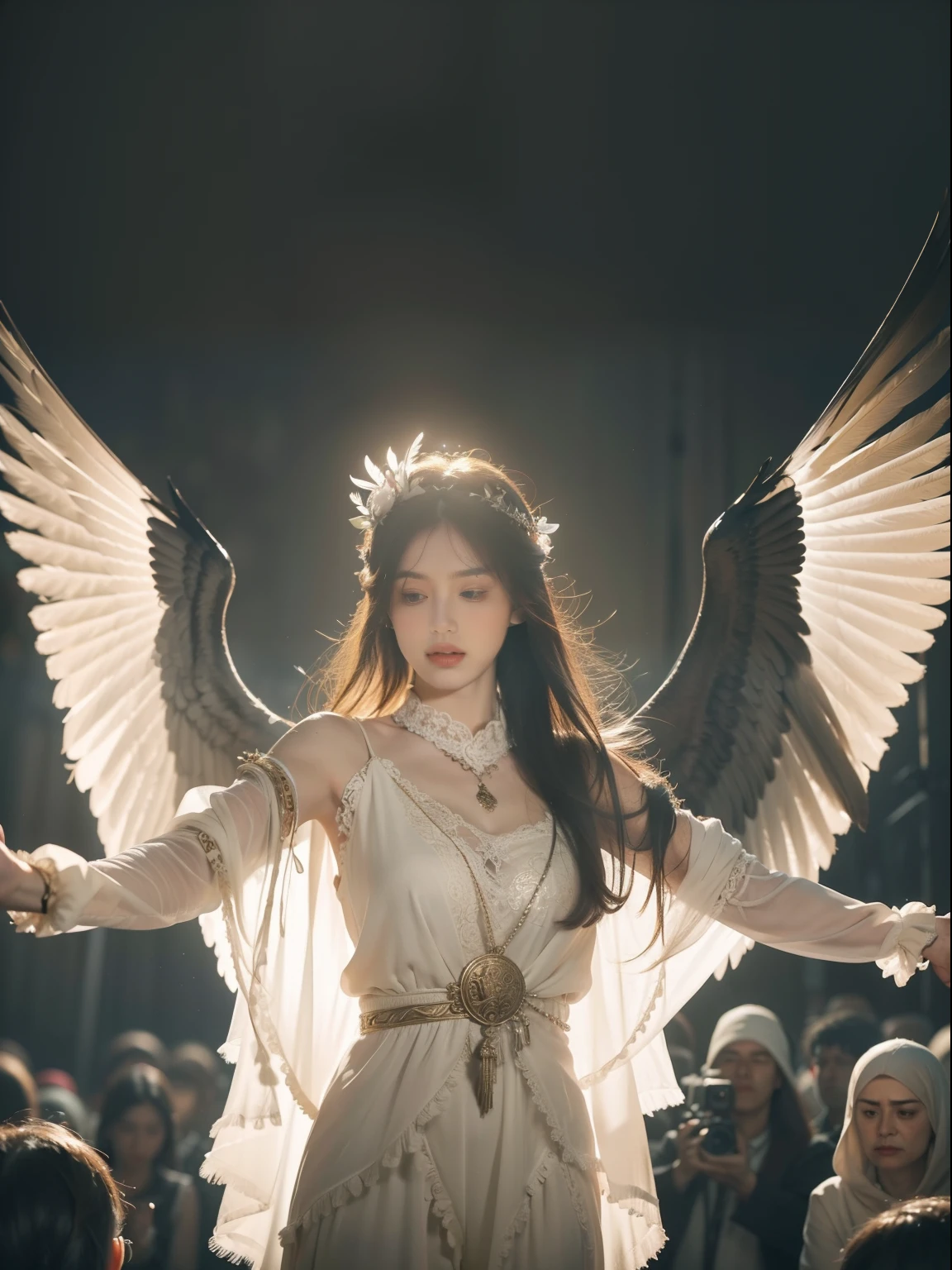 The scene is open, Pictures of ancient sacrifices, smooggy，smooggy, Birds in human clothes dance, Worship the Lord, (Detailed clothing details, The delicate clothing is light), with faintly visible, Detailed bird feather details, Cumbersome and complex picture feeling, (Full of eerie and mysterious graphics), The background is cloudy, Photos are realistic, 8K,