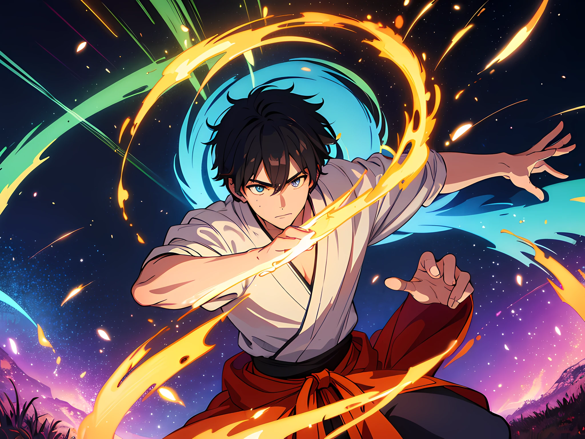 ((1 man)), ((realistic: 1.5)), ((best quality)), ((primary work)), ((detailed)), ((high quality)), ((sharp focus)), ((beautiful eyes finely detailed)), A Kung Fu artist, showing His feats in the martial arts in a small bamboo training field. He does a dynamic fighting pose, ready to puch, flames coming out from his fist, Swirling rainbows and lights on complex background, magical atmosphere, colorful glowing magic spell in the air, swirling portal, dark magic, masterpiece, high-resolution. Lighting is dramatic, emphasizing their determination. This scene captures the essence of Aftermath's journey to becoming a legendary warrior.