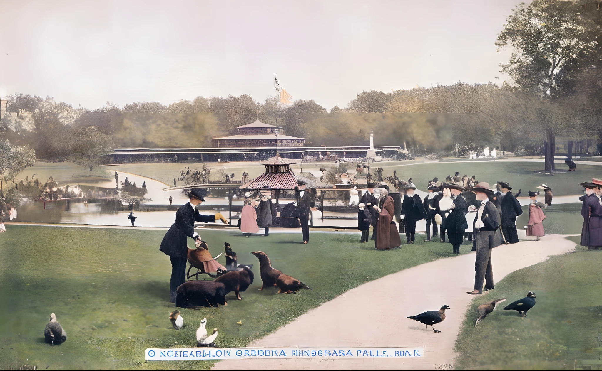 there are many people in the park with many birds and a dog, 1 9 0 1, 1901, 1905, 1 9 0 5, 1 9 0 9, 1900 illustration artwork, 1 8 9 5, 1895, 1890 photo, 1904, 1910