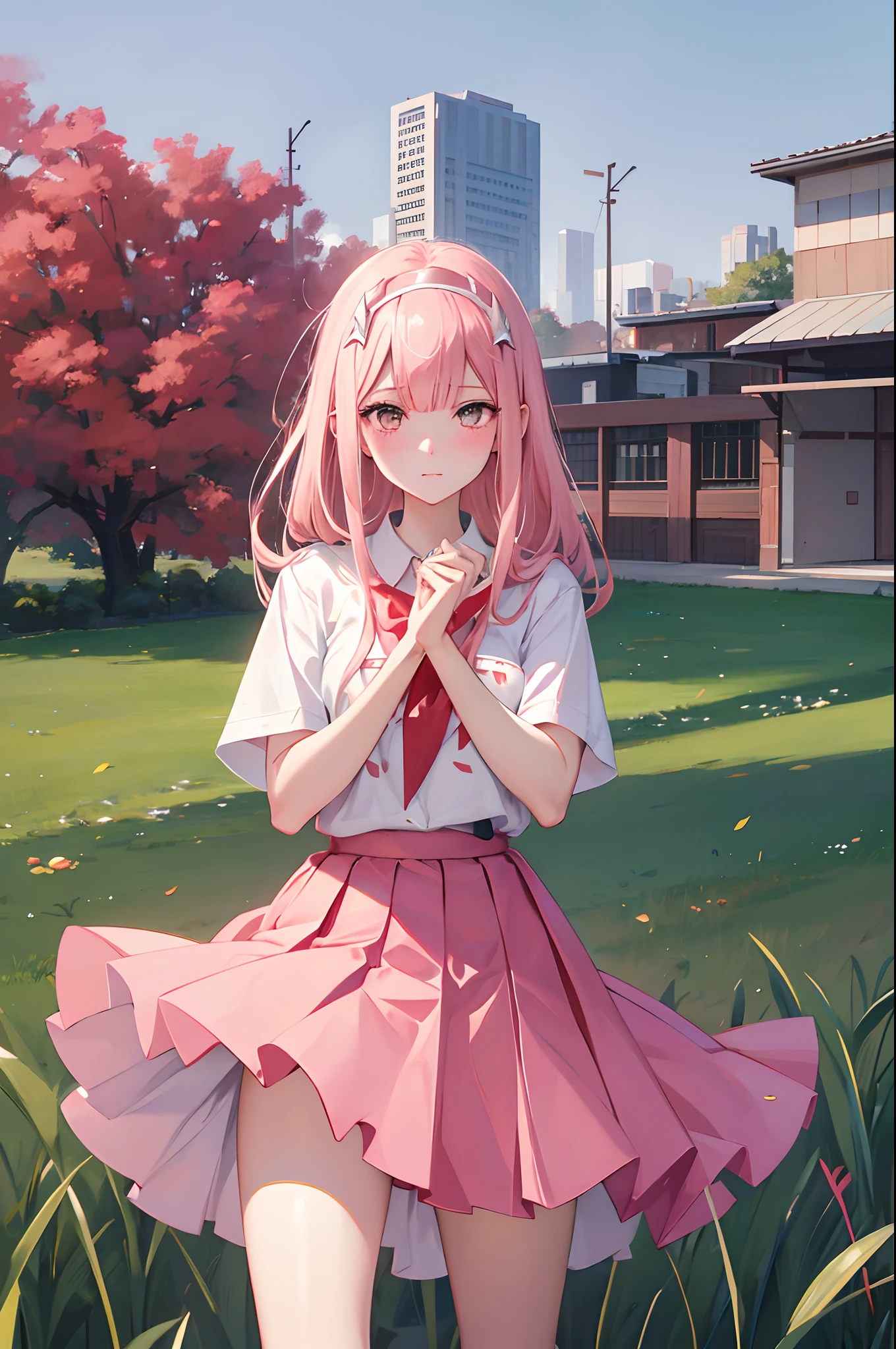 Zero two darling in the franxx, wearing a shirt, mini skirt, blushing faca, pink skirt, grass field, pov, dating, potrait