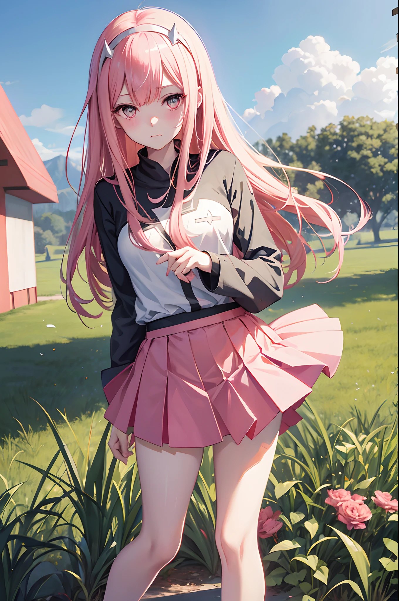 Zero two darling in the franxx, wearing a shirt, mini skirt, blushing faca, pink skirt, grass field, pov, dating, potrait