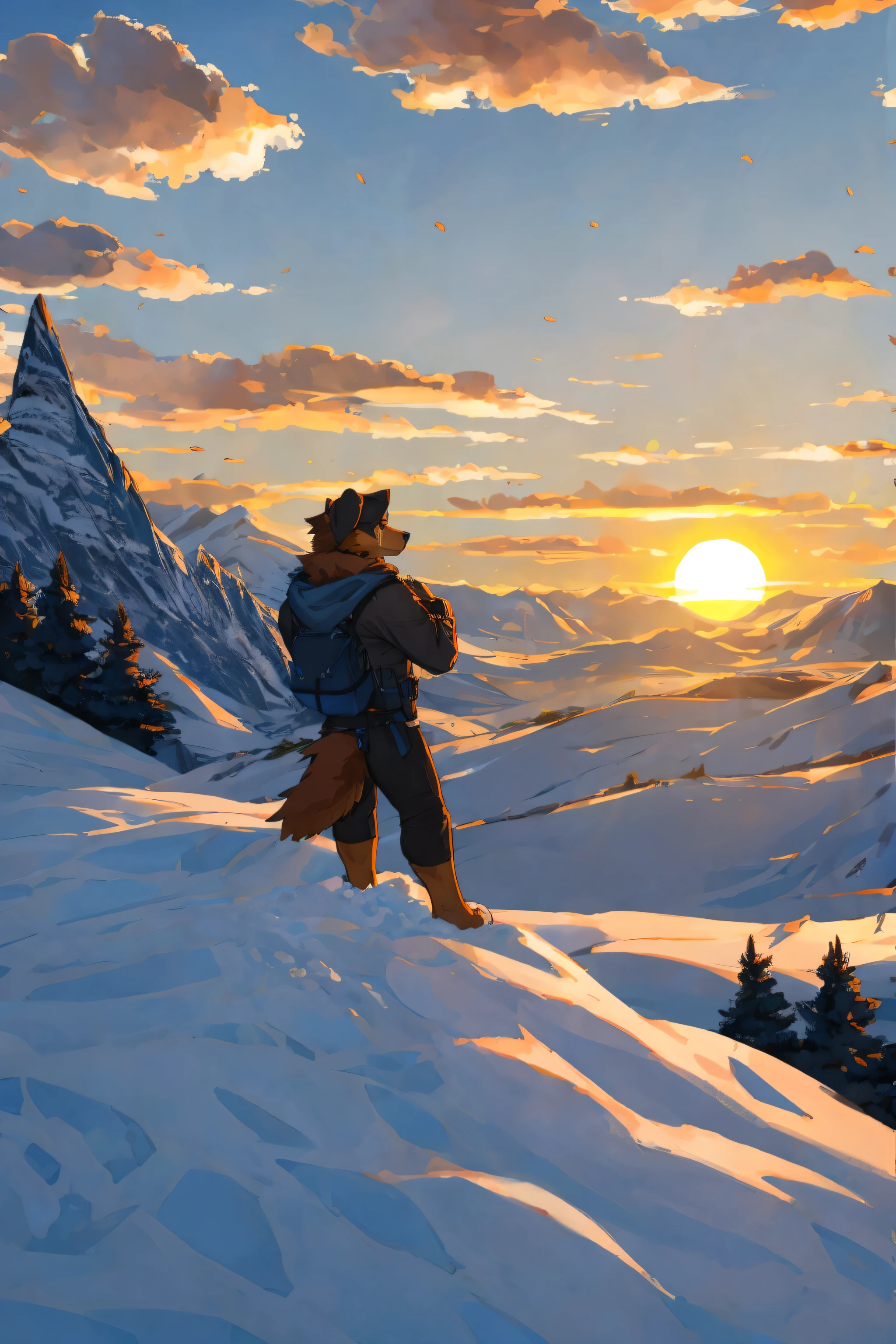 Role Center, View from the top of the peak, Bernese mountain dog，snow mountains，the setting sun，（cedar：1.3），Keeping watch alone，Rough type