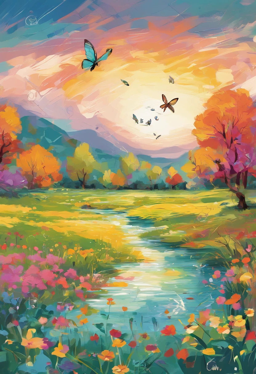 Van Gogh's oil painting style,country scenery,grassy fields,small stream,dragonfly,butterflys,Small animals,Gives a feeling of relaxation and healing,Simplified shapes and vibrant colors,Create a modern idyllic setting,Use chunks of color and clean lines to express the elements of summer,tmasterpiece,k hd,8K,Ultra-detailed – AR 3:4