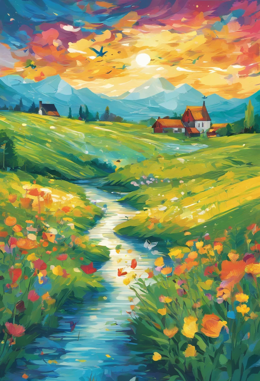 Van Gogh's oil painting style，country scenery，grassy fields，small stream，dragonfly，butterflys，Small animals，Gives a feeling of relaxation and healing，Simplified shapes and vibrant colors，Create a modern idyllic setting，Use chunks of color and clean lines to express the elements of summer，tmasterpiece，k hd，8K，Ultra-detailed – AR 3:4