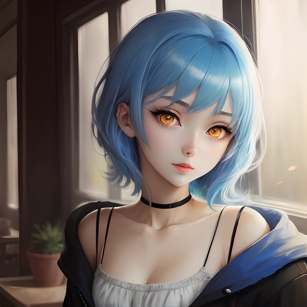 Anime girl, bright blue hair, amber yellow eyes, pale skin, seductive