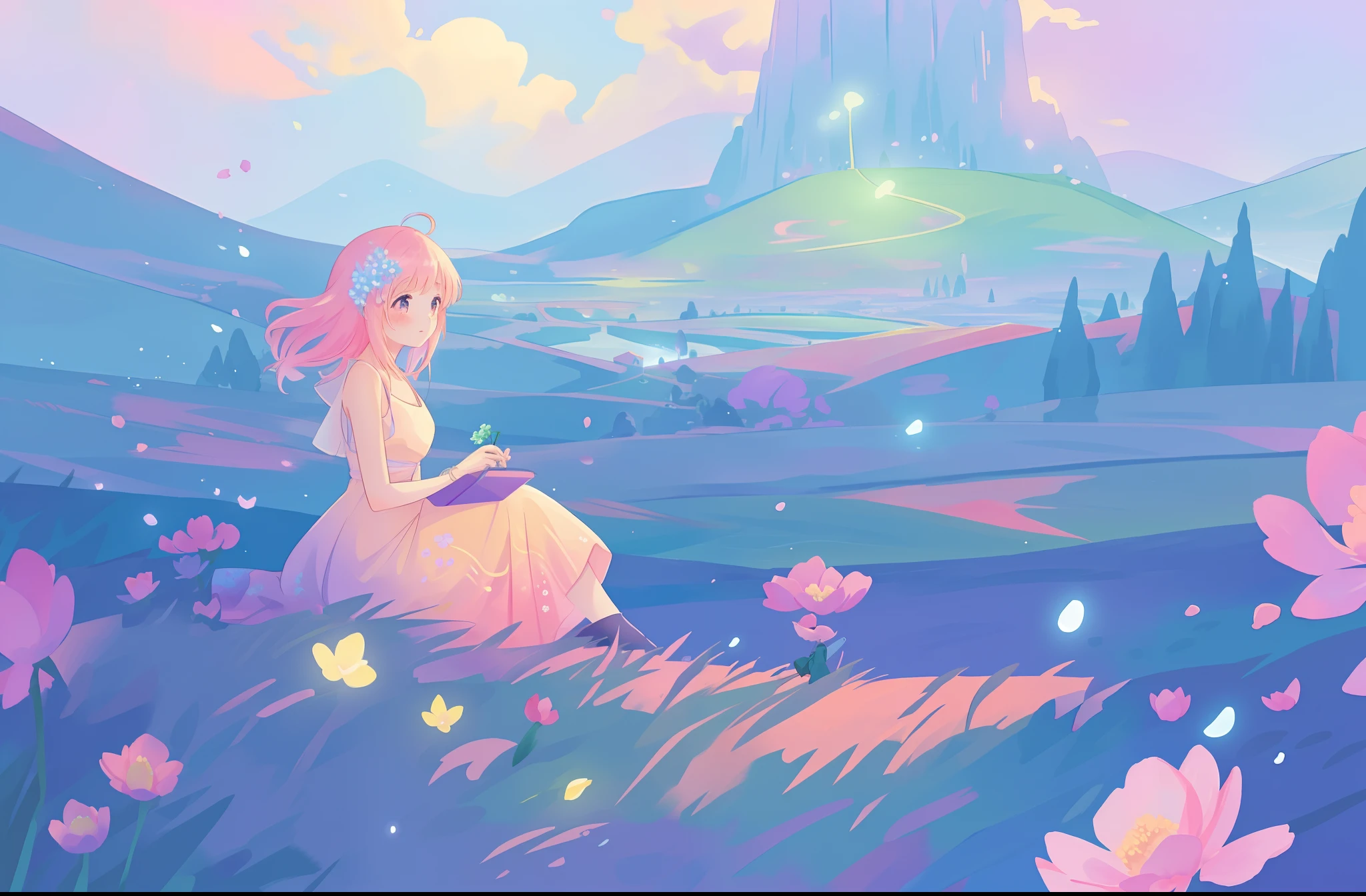 beautiful girl in flowing gradient dress sitting in a field of flowers, beautiful fantasy landscape, vibrant colors, (((otherworldly landscape))), whimsical landscape, purples pinks blues, watercolor illustration, disney art style, glowing lights, beautiful digital illustration, fantasia otherworldly landscape plants flowers, beautiful, masterpiece, best quality, anime disney style