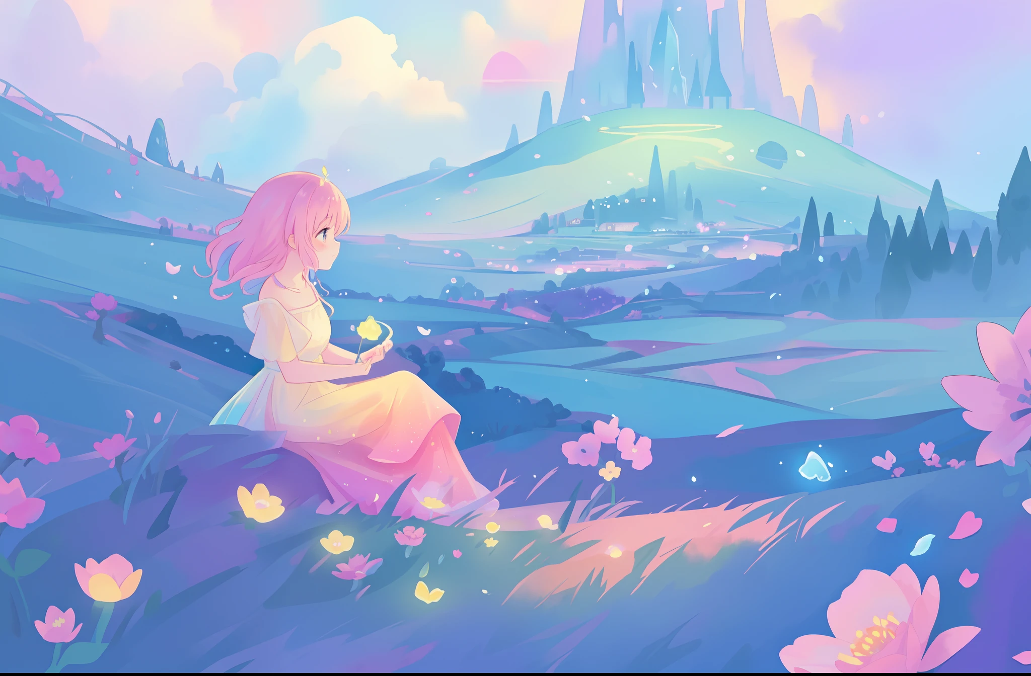 beautiful girl in flowing gradient dress sitting in a field of flowers, beautiful fantasy landscape, vibrant colors, (((otherworldly landscape))), whimsical landscape, purples pinks blues, watercolor illustration, disney art style, glowing lights, beautiful digital illustration, fantasia otherworldly landscape plants flowers, beautiful, masterpiece, best quality, anime disney style
