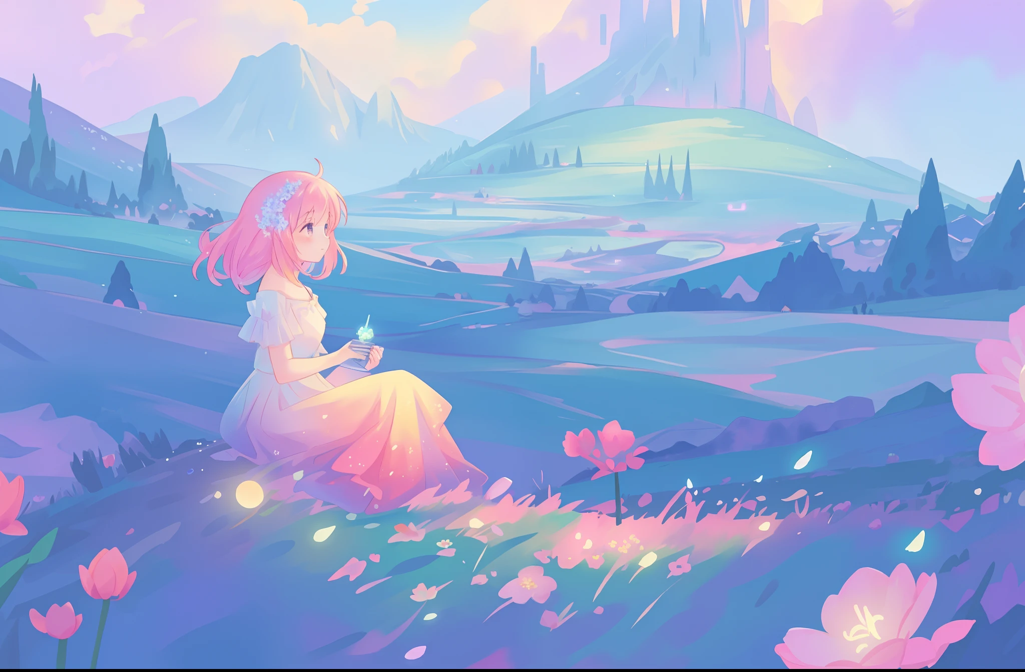 beautiful girl in flowing gradient dress sitting in a field of flowers, beautiful fantasy landscape, vibrant colors, (((otherworldly landscape))), whimsical landscape, purples pinks blues, watercolor illustration, disney art style, glowing lights, beautiful digital illustration, fantasia otherworldly landscape plants flowers, beautiful, masterpiece, best quality, anime disney style
