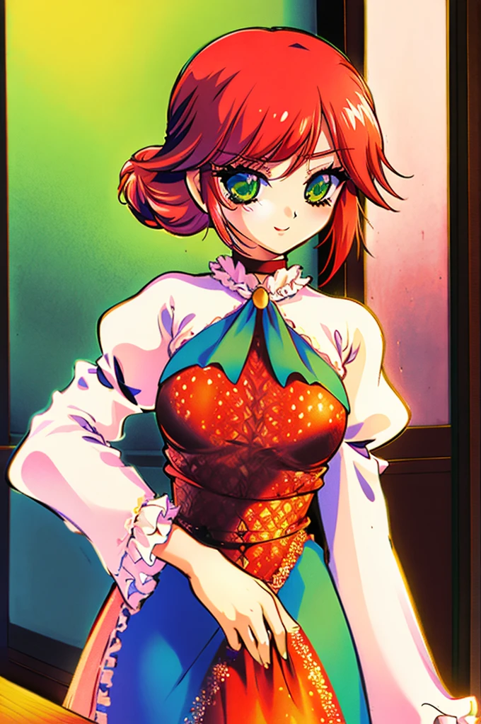 (masterpiece), best quality, highres, NSFW, 
girl, (traditional media, 80s:1.4), (eyelashes:1.5), 
(intricate high detailed body:1.2), (loli:1.4), 
red hair, short hair, (twin messy bun), 
green eyes, 
lip stick, 
slender body, large breasts, 
(smirk:1.2), open mouth, 
neckwear, (white lace leotard with sleeves:1.1), 
(short frill skirt:1.1), see-through clothes, jewelry, 
cowboy shot, 
in royal palace,