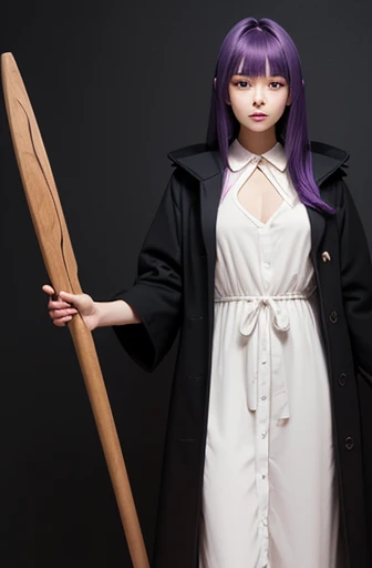 (masterpiece, best quality), A cute woman holds a 1.5 meter magic wand made out of wood in both hands. She has a round face. Her height is 161cm Her hair is purple. Her hair is long with straight bangs. She has normal breasts. She is standing. She wears long black coat over a long white plain dress.