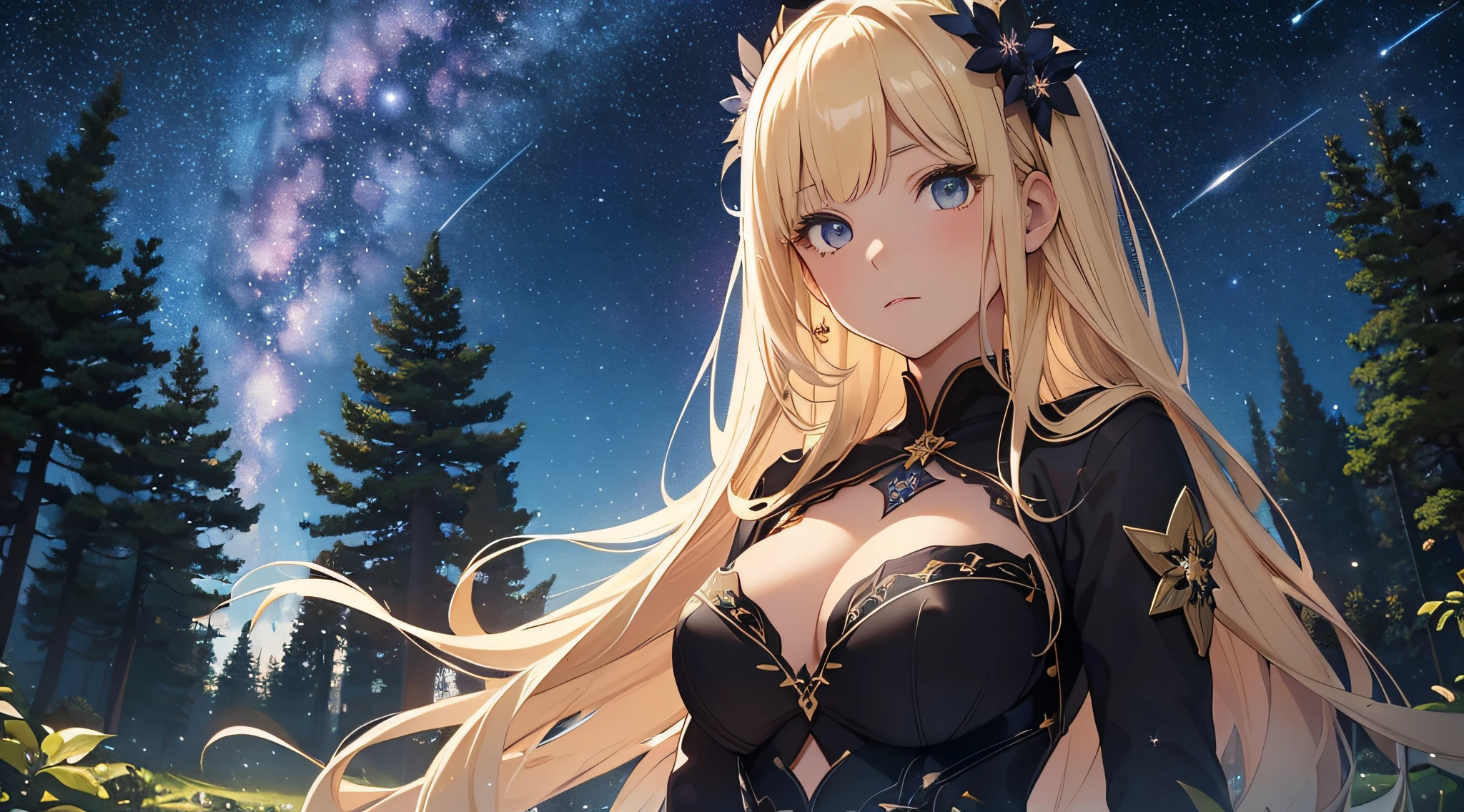 ​masterpiece、（（a beauty girl、One-piece high-detail embroidery、a blond、From face to chest））、Background with((Fantastic starry sky、meteors、black hole))、Depth((Mysterious giant tree、Luminescent、plants))、