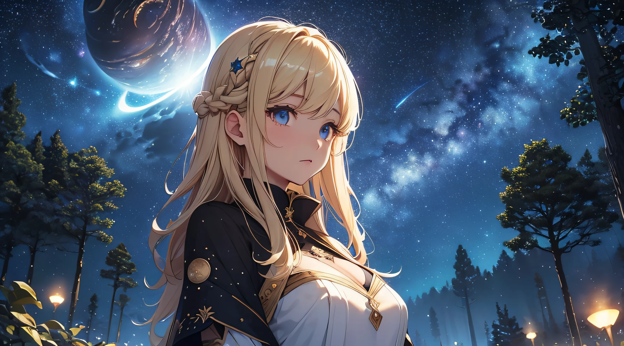 masterpiece、((a beauty girl、One-piece high-detail embroidery、a blond、From face to chest))、Background with((Fantastic starry sky、meteors、black hole))、Depth((Mysterious giant tree、Luminescent、plants))、