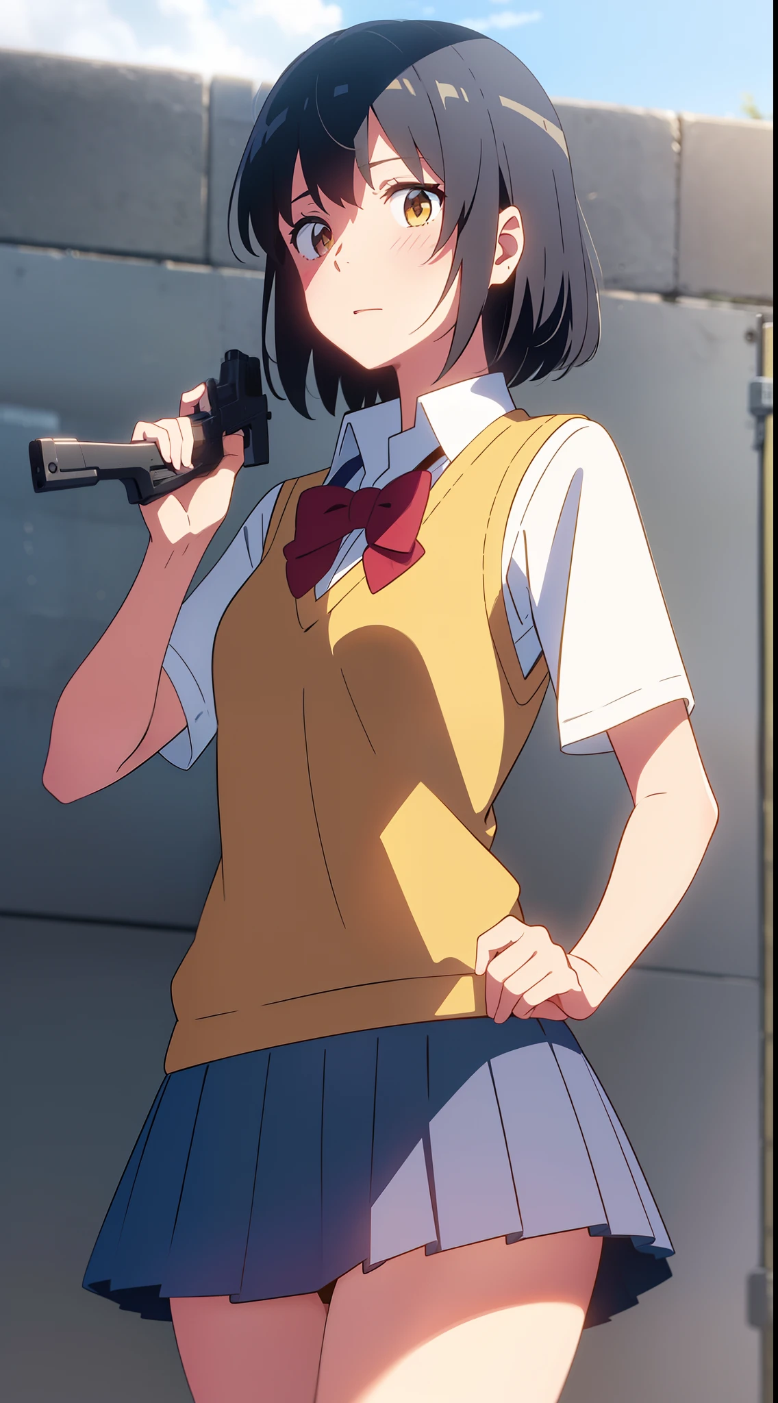 masterpiece, best quality, solo, ,
short hair, blue hair, straight hair, blue eyes, white shirt, falda corta open mouth, bowtie, large breasts, button gap, blank eyes,
blue sky, wind,
