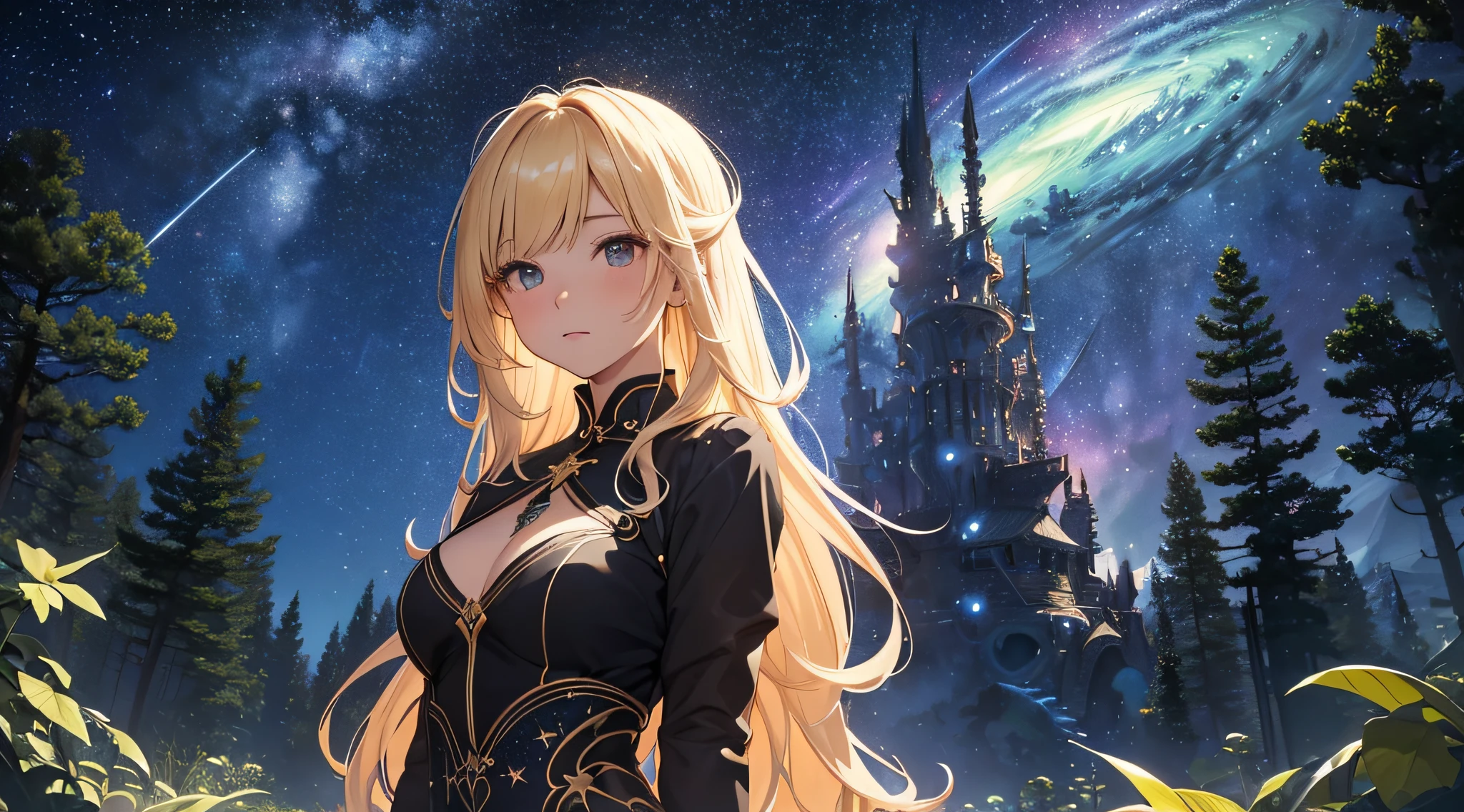 masterpiece、((a beauty girl、One-piece high-detail embroidery、a blond、From face to chest))、Background with((Fantastic starry sky、meteors、black hole))、Depth((Mysterious giant tree、Luminescent、plants))、