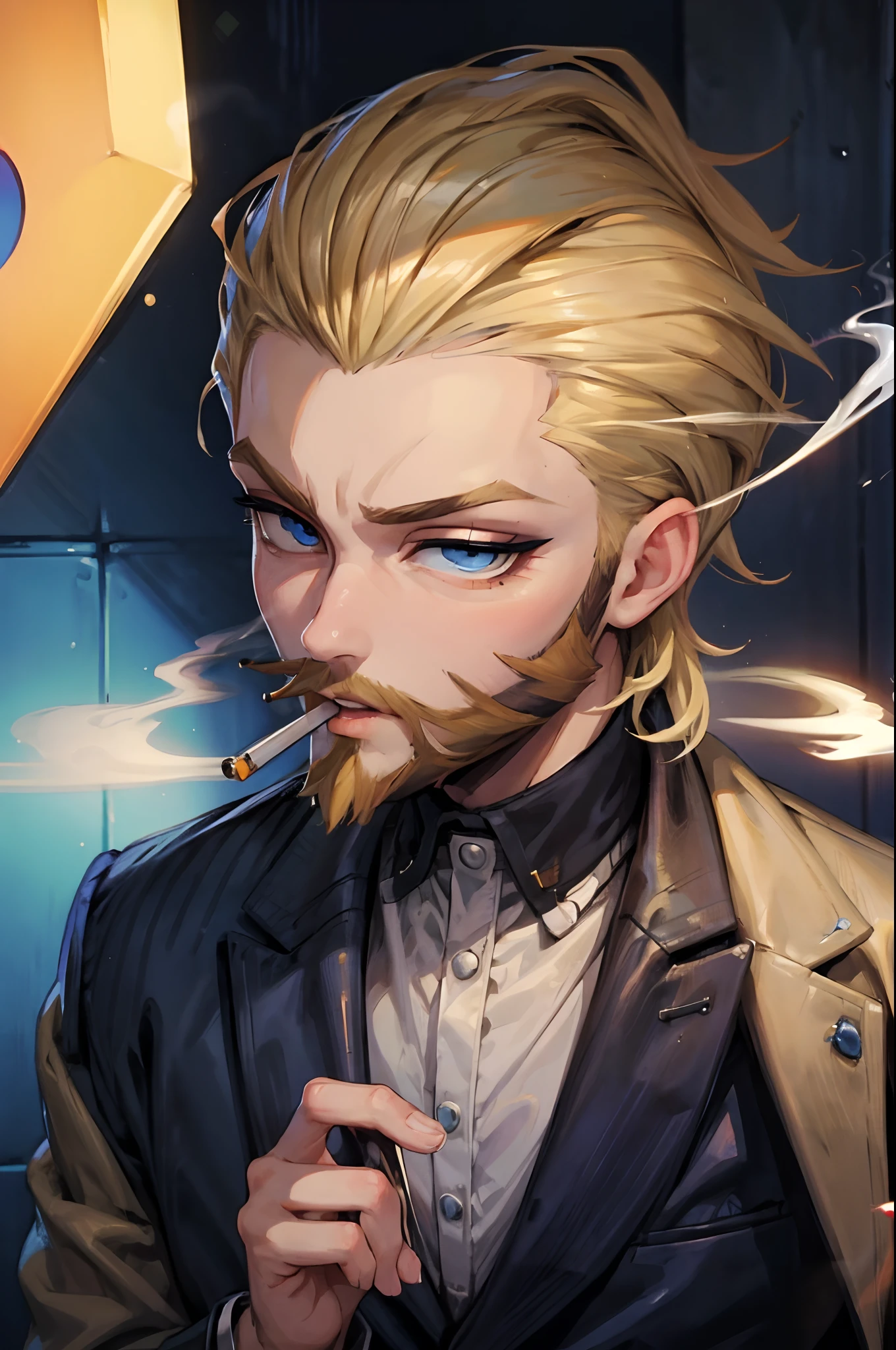 1 smoking man, smoking a joint, smoking weed, smoking, Bratz Boy, 1 male Bratz, blonde, bearded, blue eyes, brown cigarette.