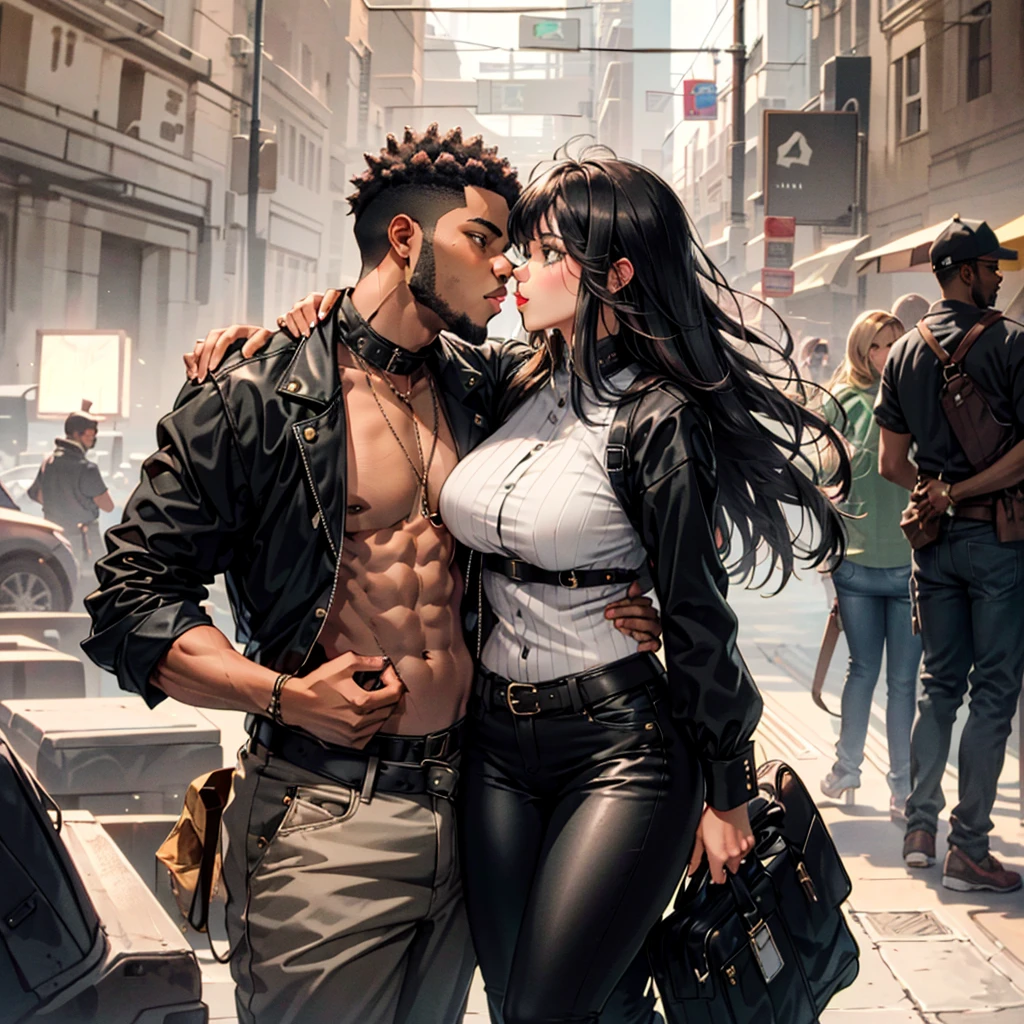 One man and one woman, anatomically correct. Latina woman with light skin, sexy face, sexy beautiful bright green eyes, sexy pink lips, sexy curves, sexy largest hips, sexy big ass, sexy large breasts, black hair, wearing white sundress. A black man with muscle handsome body, brown skin, wearing black shirt, black pants, white slip-on shoes. woman romantic snuggle kisses on black man passionately, black man cuddles woman, in romance snuggle kiss passionately poses.