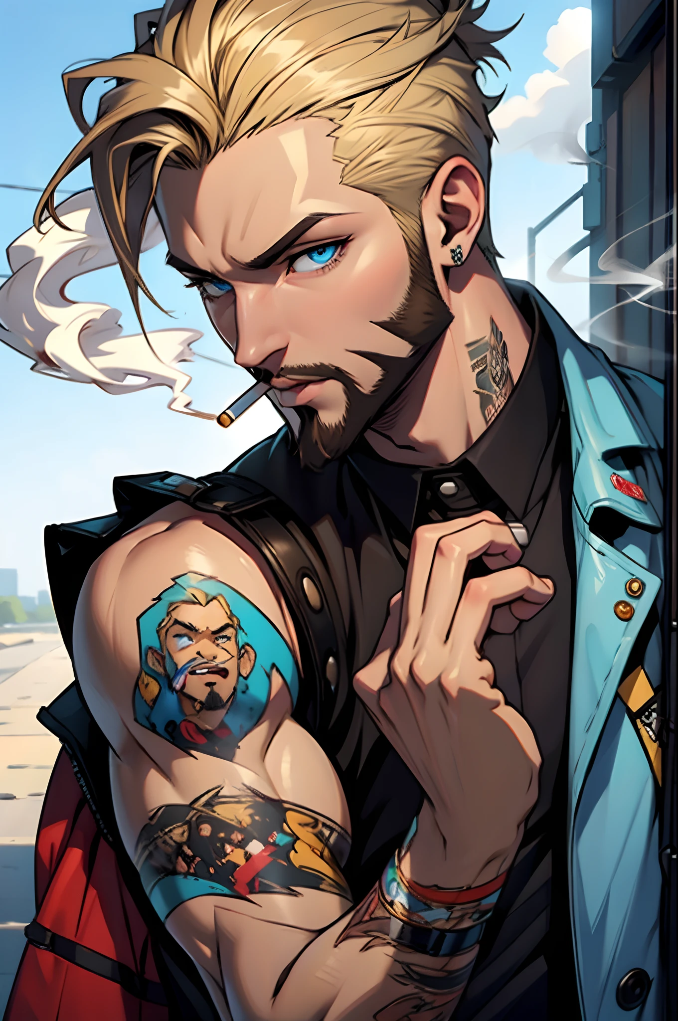 1 smoking man, smoking a joint, smoking weed, smoking, Bratz Boy, 1 male Bratz, blonde, bearded, blue eyes, brown cigarette.