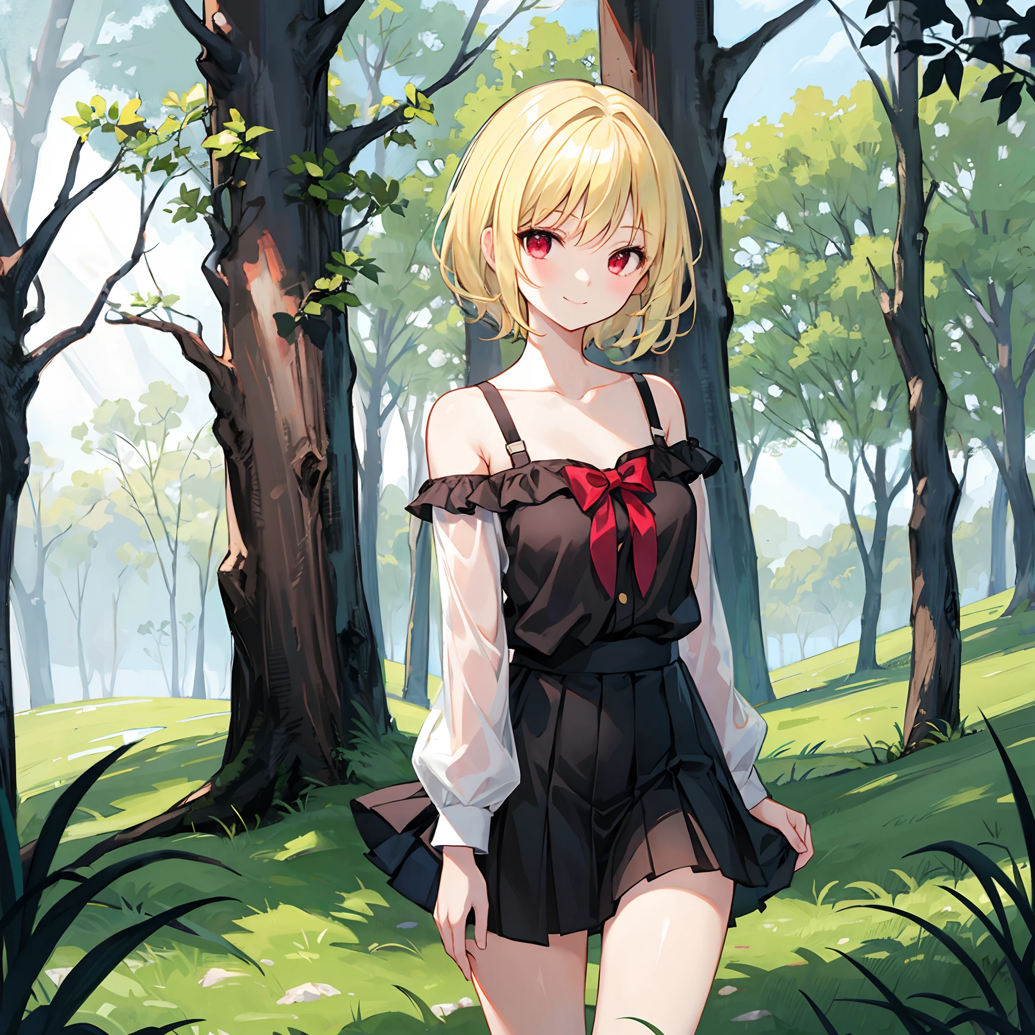 short blonde hair、Beautiful girl with red eyes1a person、独奏、off shoulders、a miniskirt、A smile、pine trees