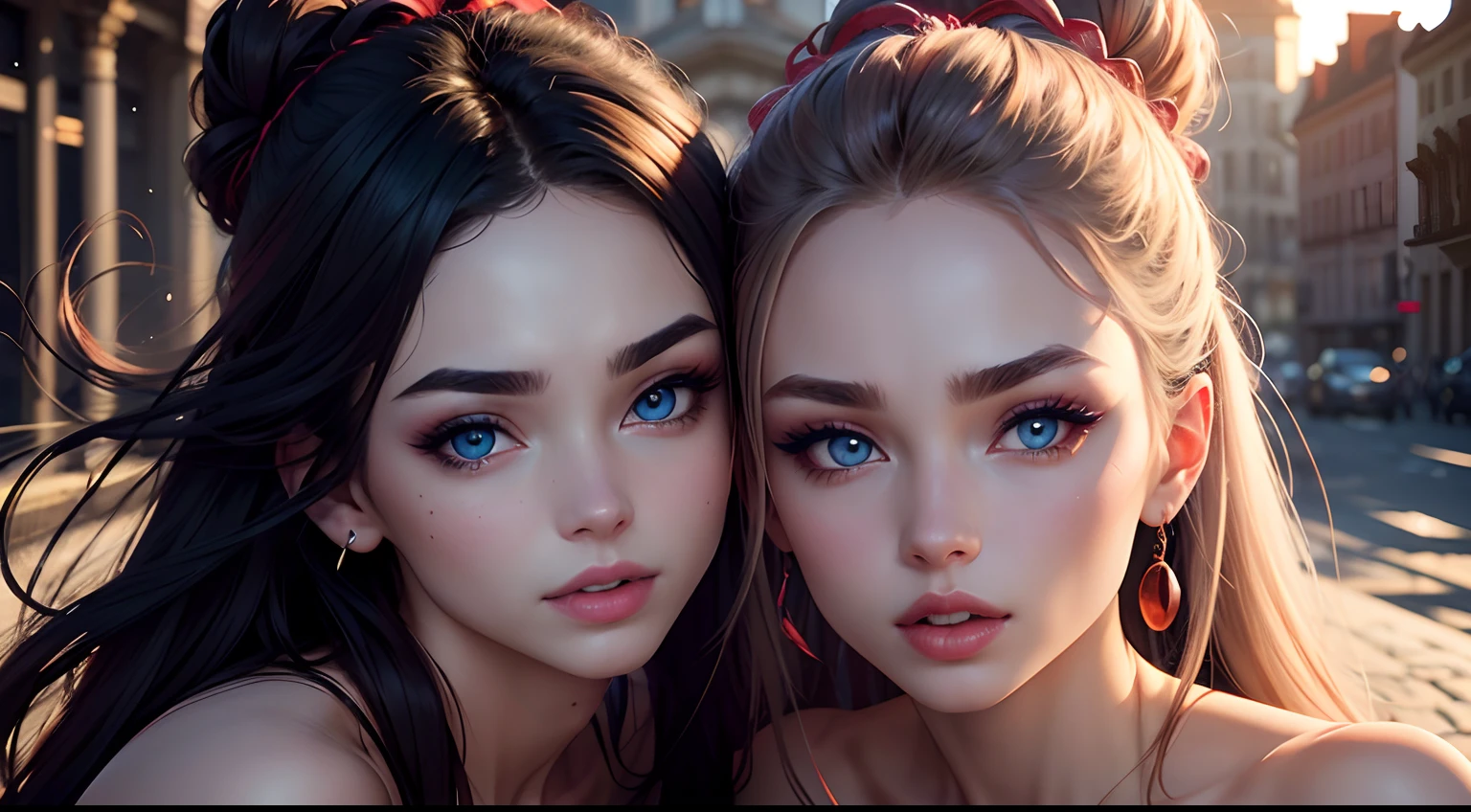 tmasterpiece， best qualtiy， 8k， beauitful face， highdetailskin， hyper-detailing， 超A high resolution， realisticlying， A high resolution， ，lens flare glow， （The top knot hair steamed bun：1.5），（Same makeup for both eyes：1.5），s the perfect face，Eyes of pull， Detailed lighting， Detailed eyes，Detailed skins， detailed shadow，Rally's skin，（Open mouth：1.02），eBlue eyes，Mixed Central European， （eye closeds：0.9），putting makeup on，full bodyesbian，Background with，Sunrise in the East，looking_at_viewe