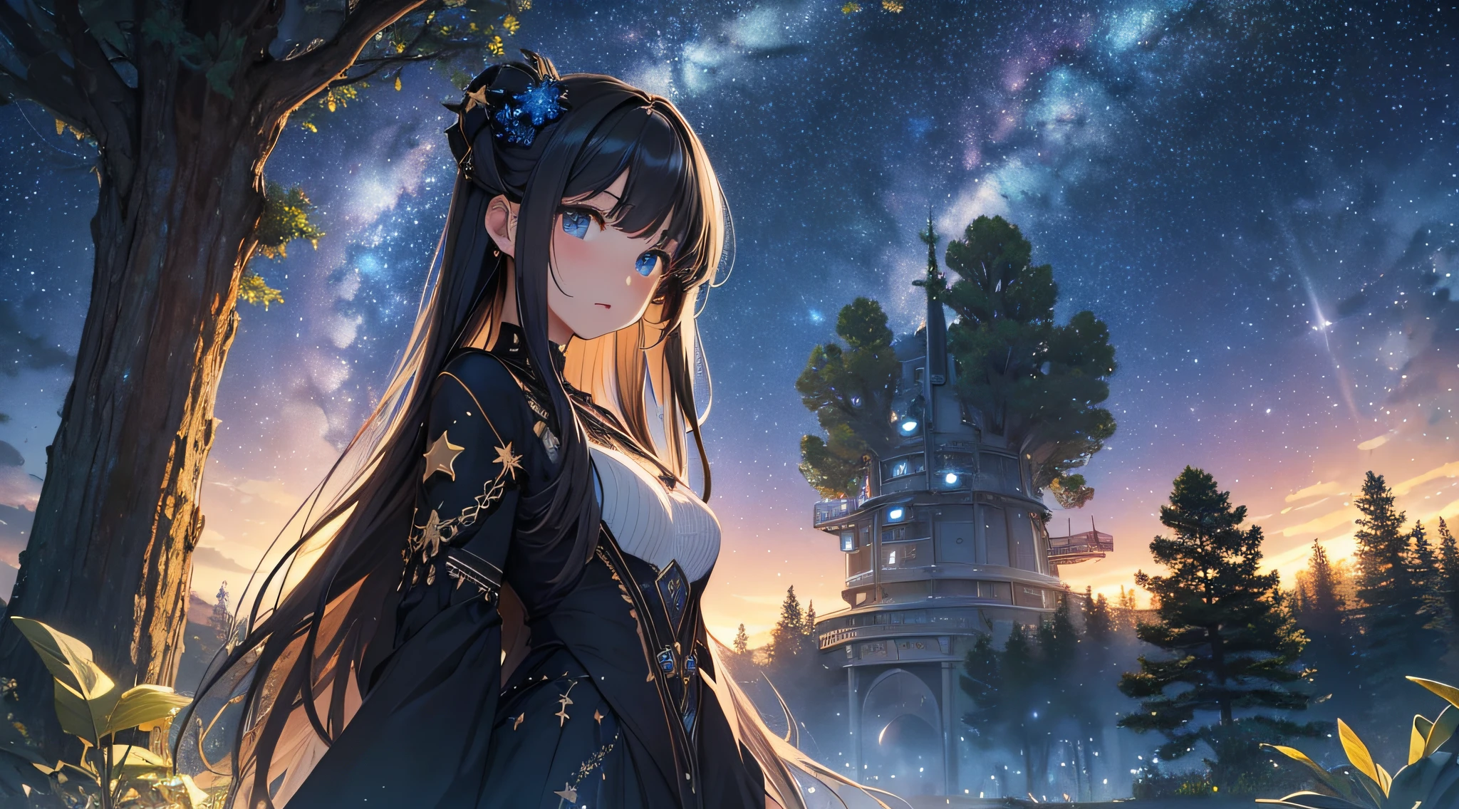 masterpiece、((a beauty girl、One-piece high-detail embroidery、From face to chest))、Background with((Fantastic starry sky、meteors、black hole))、Depth((Mysterious giant tree、Luminescent、plants))、