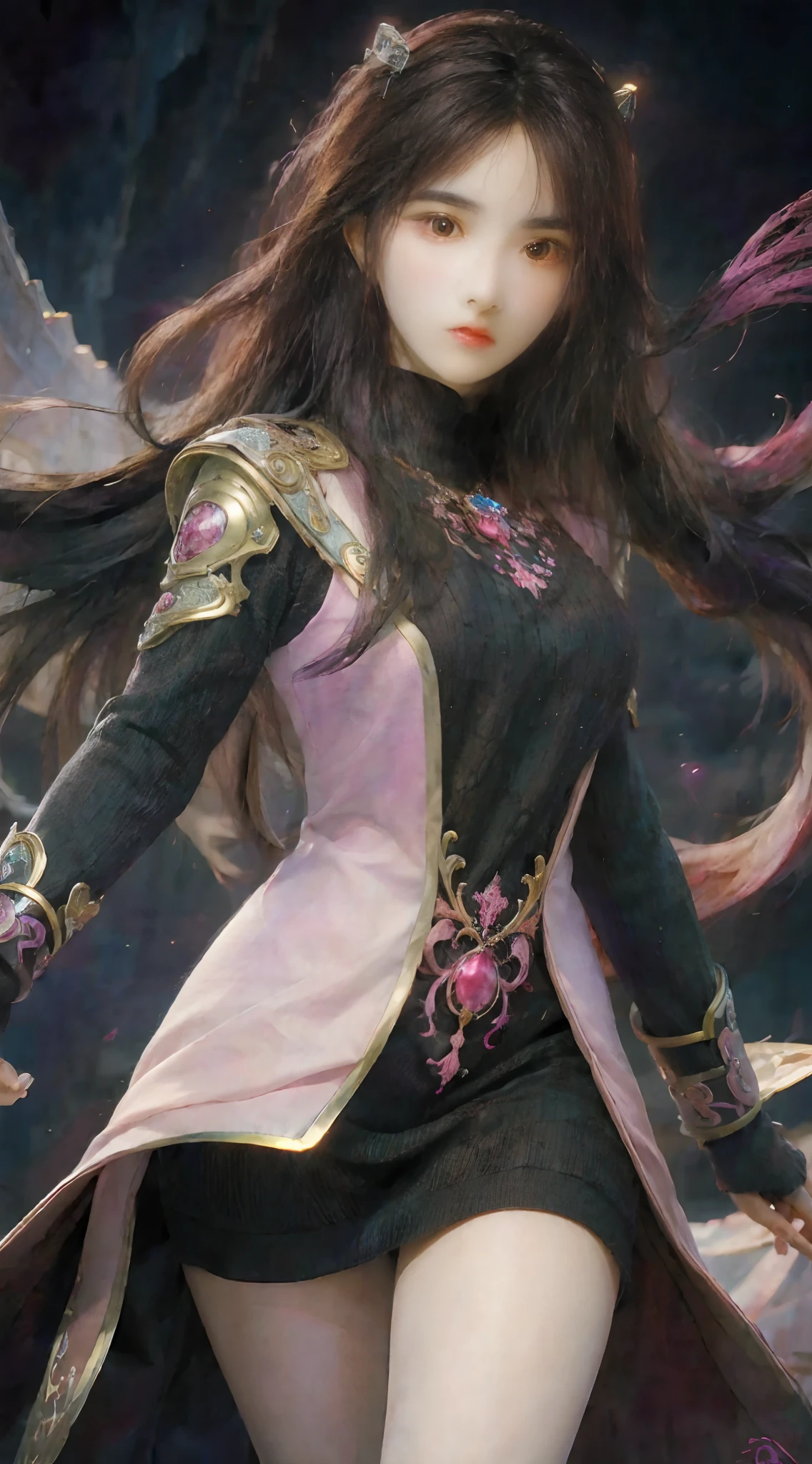 3dmm style,(masterpiece, top quality, best quality, official art, beautiful and aesthetic:1.2), (fractal art:1.3), 1girl, beautiful, high detailed, purple hair with a hint of pink, pink eyes, dark lighting, serious face, looking the sky, sky, medium shot, black sweater, jewelry