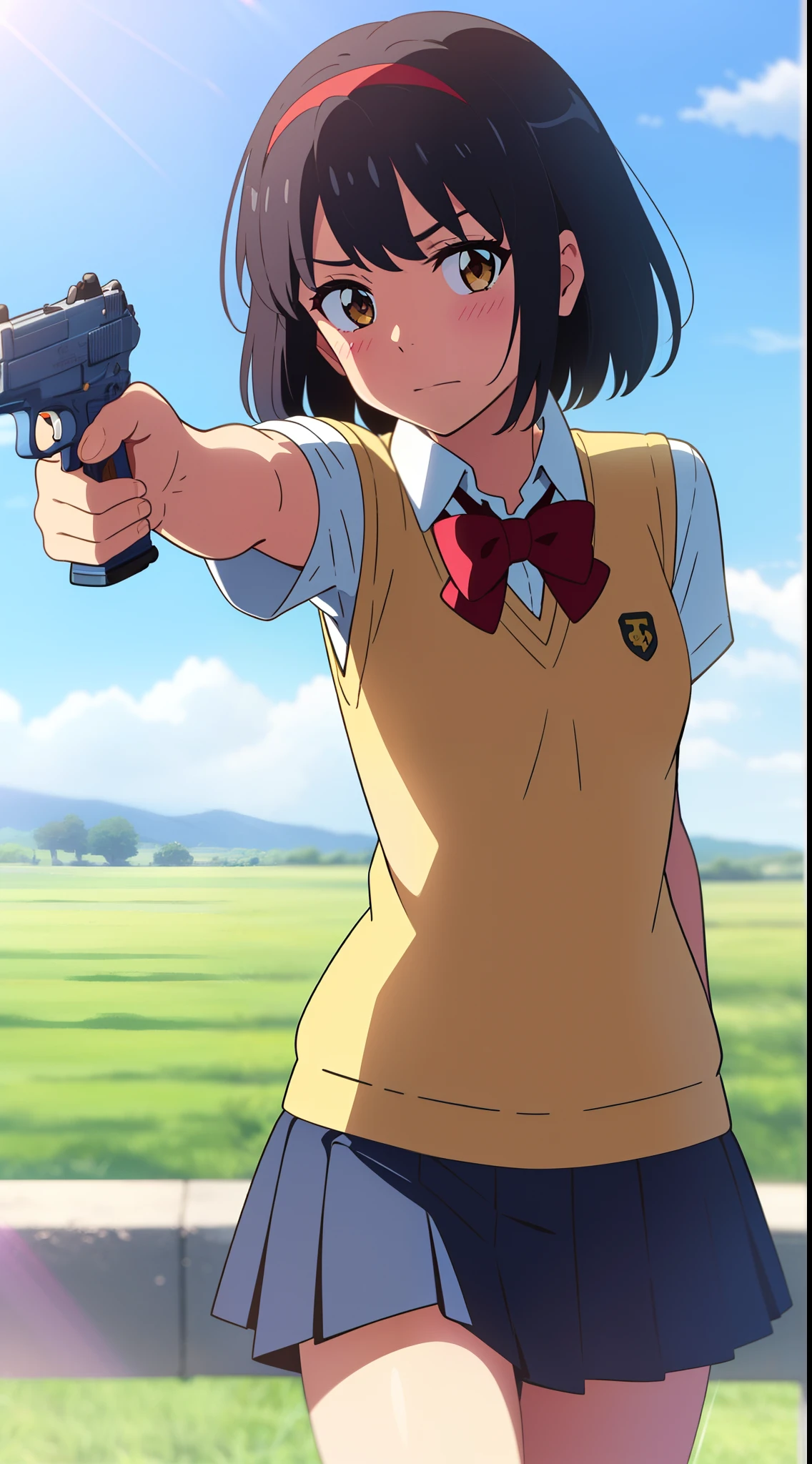 shinkai makoto, kimi no na wa., 1girl, bangs, black hair, blush, brown eyes, collared shirt, headband, looking at the viewer, Clavicle, red bow, red headband, red ribbon, school uniform, shirt, short hair, medium breasts, solo, sweater vest, vest, white shirt, yellow sweater vest, yellow vest, skirt, blue skirt, short sleeves, day, blue sky, cloudy_sky, sunlight, Outdoors, shiny skin, Fighting Stance, Despair Face, bracelet, ((aiming at the viewer with a gun)), handgun, ((holding a handgun)), trigger discipline, cowboy shot, perfect hands