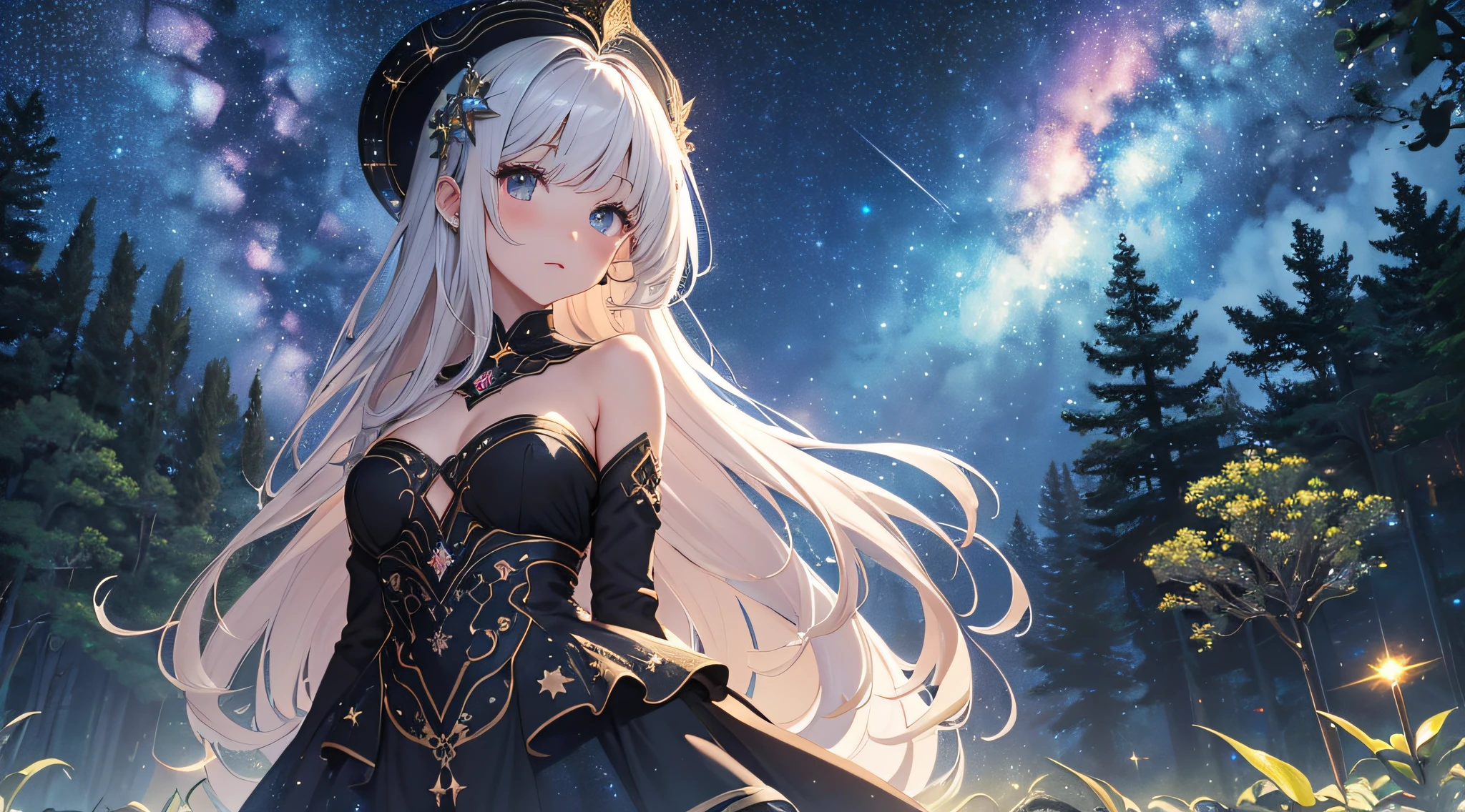 masterpiece、((a beauty girl、One-piece high-detail embroidery、From face to chest))、Background with((Fantastic starry sky、meteors、black hole))、Depth((Mysterious giant tree、Luminescent、plants))、