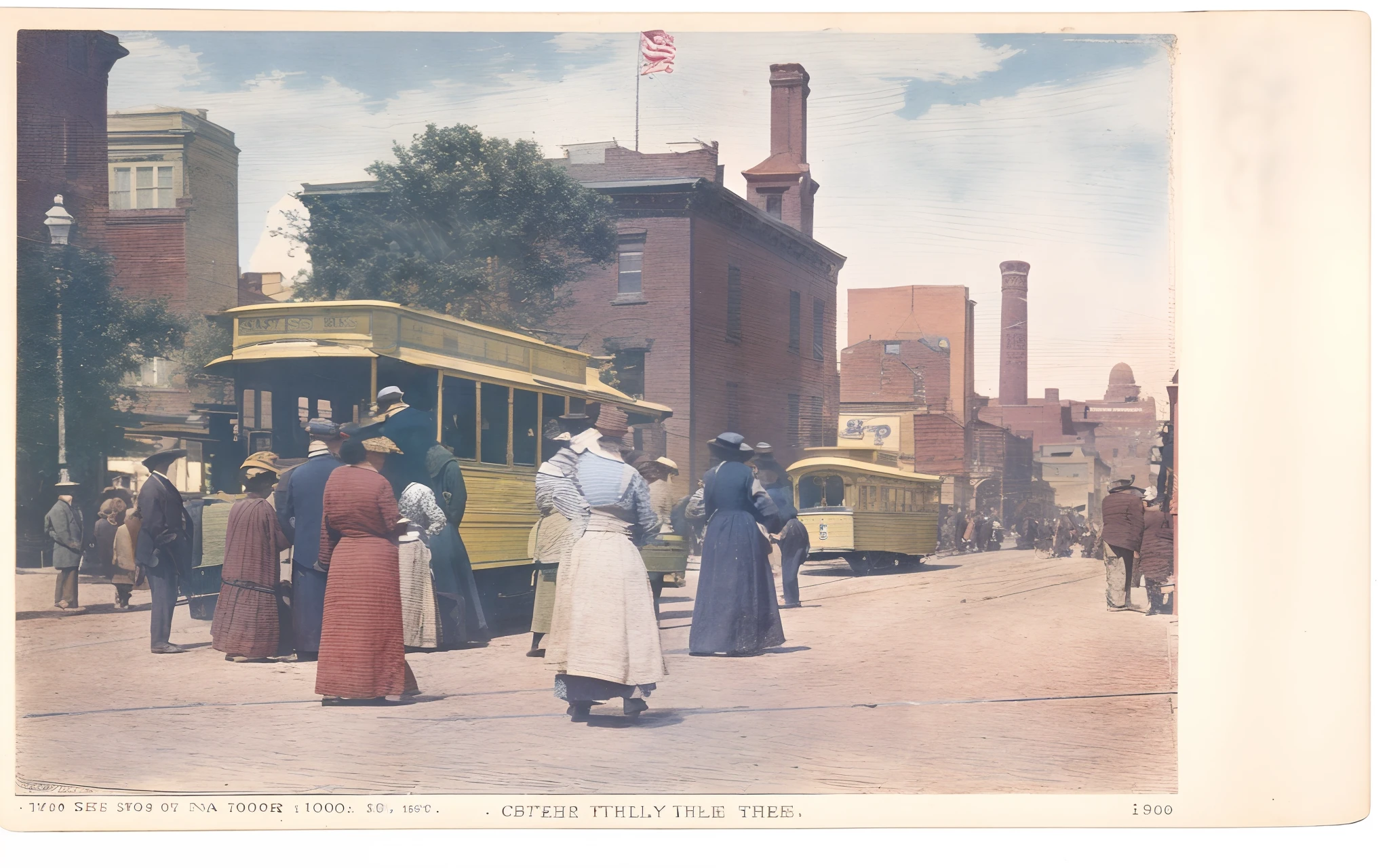 there are people standing in front of a trolley on a street, hand - tinted, full color photograph, colorized 1 9 0 4 photo, street scene, 1 9 0 0 s picture, 1900s picture, old color photograph, vintage postcard, colorized photo, colorized photograph, colorized, photograph of the city street, 1901, 1 9 0 1