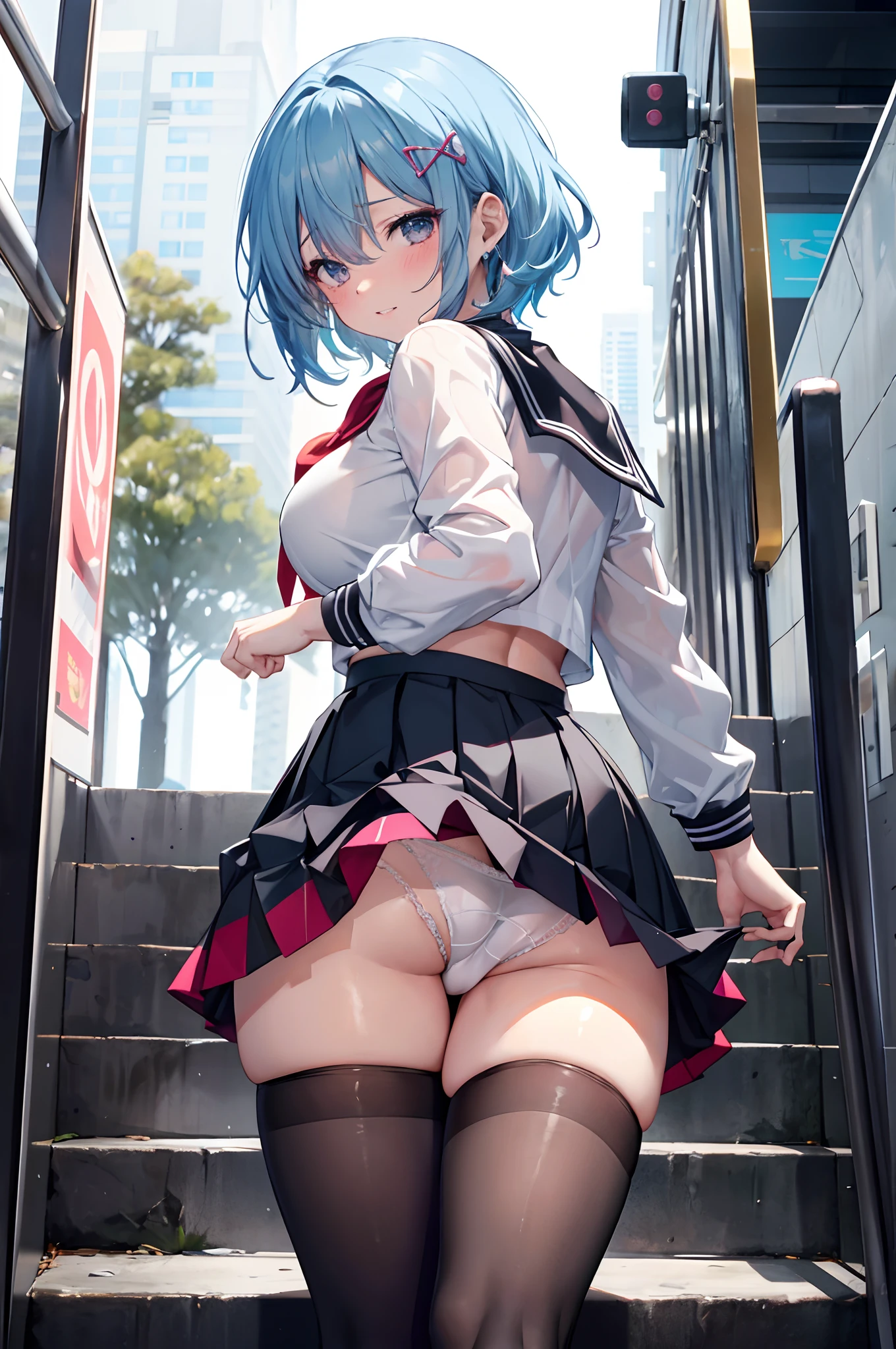 extra detailed face, Perfect Lighting, extremely details CG, (Perfect hands, Perfect Anatomy),Naughty big、cowboy shot、thighs thighs thighs thighs、double tooth、、red blush、embarrassed from、Stand on the escalator, (By up escalator), (lower body shot), Thigh Focus, (Taken from the bottom 1.3), (View from behind1.3)、 (white panties:1.3)、(Skirt that rolls up:1.3)、(Fully exposed panties:1.5),Looking back,(masterpiece、Highly detailed 8K CG、Sharp lines)、Rem of Rezero、hi-school girl、blue hairs、cute little、serafuku、White underwear and dark blue skirt、skirt rift、Panties that show through the skin、skinny body、Thin leg、thighs thighs thighs thighs、Sexy poses showing anime style、Beautiful anime girl、A seductive anime girl、Smooth Anime CG Art、Beautiful anime schooleautiful anime girl、Long-sleeved sailor suit、Navy blue pleated mini skirt、Crotch rubbing、masturbation、Rubbing your crotch with the corner of the table、Curve、No bra、(Lifting skirt、White lace panties visible:1.2)、thighs thighs thighs thighs、(Navel Ejection:0.4)、Dynamic Pose Beautiful and perfect legs, Clean and perfect hands、Straight short hair、long bangs hide one eye、Black pantyhose、Wear black stockings、White panties showing through black stockings、(Clearly visible detailed female pubic shape: 1.4)、very Bigger breasts、Colossal tits、Exposing all your boobs、Delicate body、Height 150cm、Thin leg、mournful smile、pink hairpin、fully body photo、Wear loafers、Watched over by many