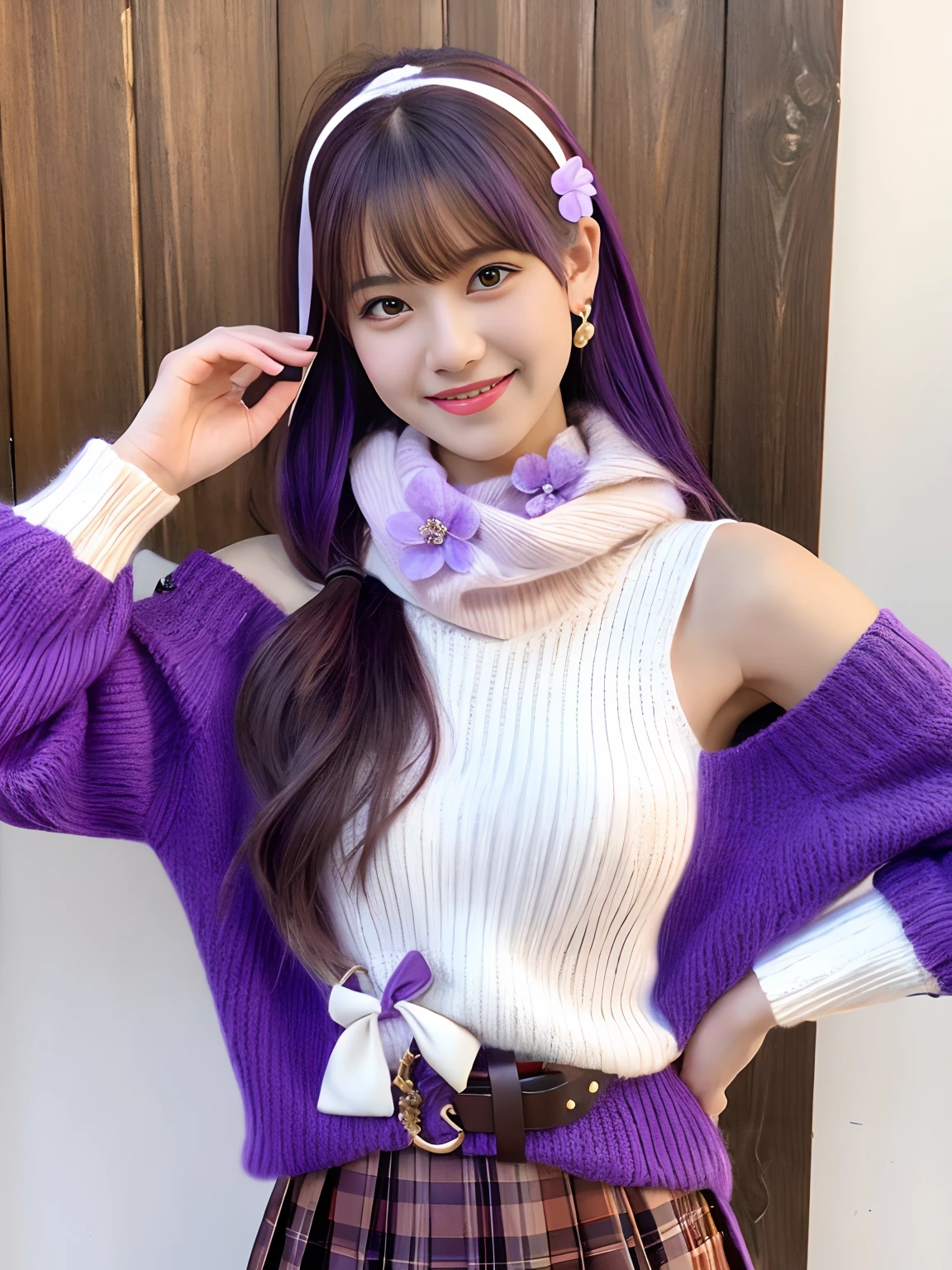 (Realistic painting style:0.9), masutepiece, Best Quality,  Looking at Viewer, Solo, Skirt, scarf, Purple sweater, White skirt, Purple hair, Sweaters, Twin-tailed, Hair Ornament, Bare shoulders, Smile, Long hair, Belt bag, Long sleeves, Bangs, Bow, Hair Flower, off shoulders