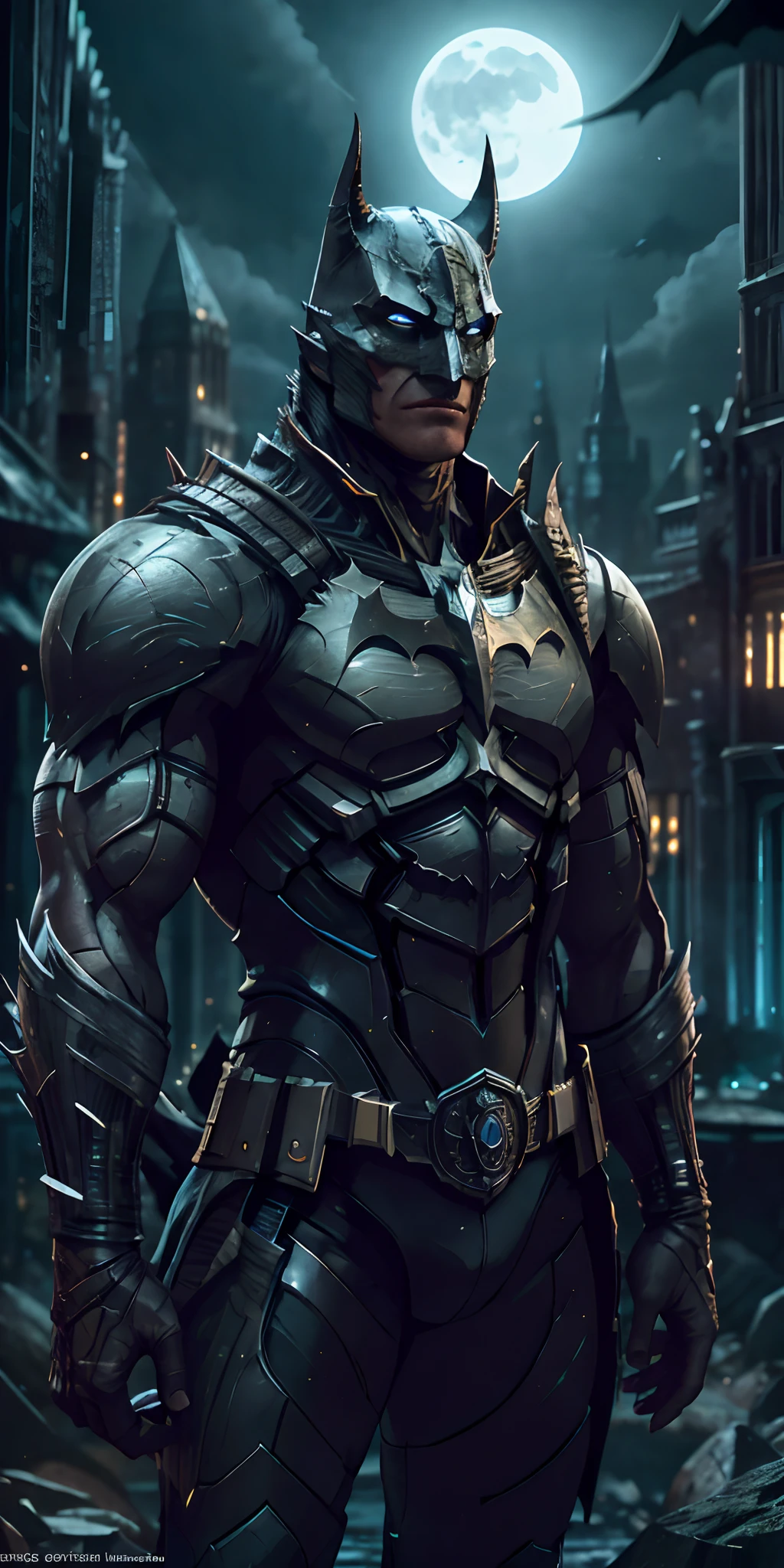 Batman from the dark knight stands imposing in a gothic lost city. Moonlight highlights your muscles and scars. The scenery is lush and mysterious, with futuristic tech and surroundings. The camera details everything, a warrior woman, in front of him.