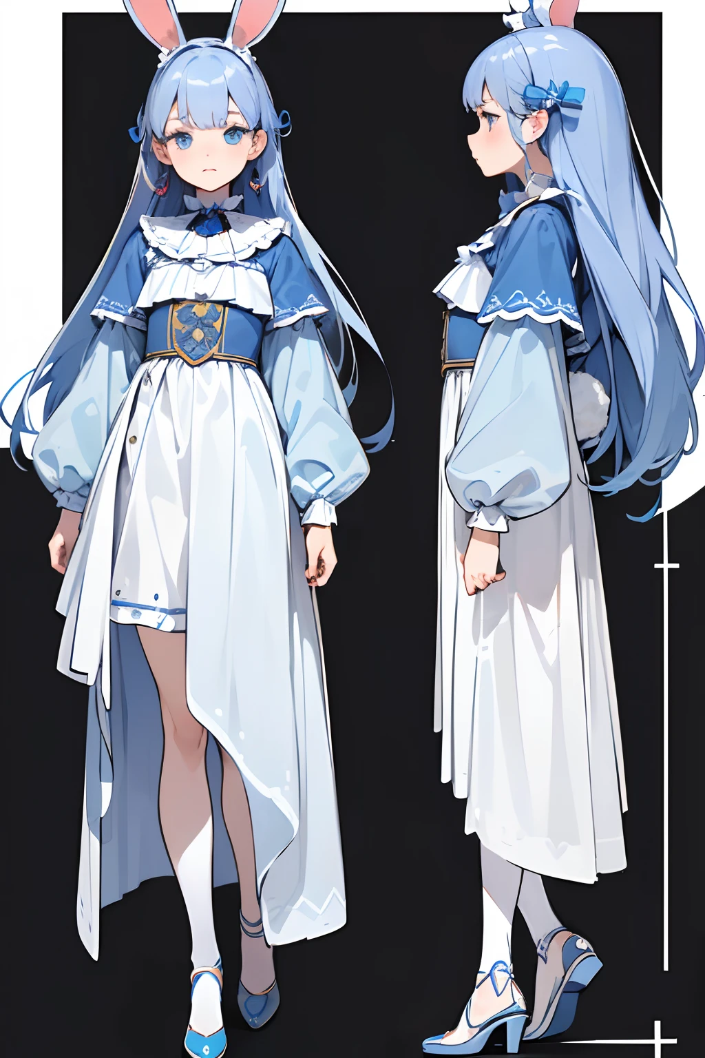 ((Best Quality)), ((Masterpiece)), ((Realistic)), (Character full body), (Very detailed), (((best quality, high quality))), ((((UHD, highres)))), (((multiple views))), (concept art), 1 girl, standing full-body, Clear facial features,Simple line design,Transparent background,(tmasterpiece,top Quority,best qualtiy, Clear facial features,beautidful eyes,beauitful face), beautiful, blue, clown, kid, rabbit doll, (((detailed character sheet, frontal view, side view))) (((white background))) 6 and a half heads full body