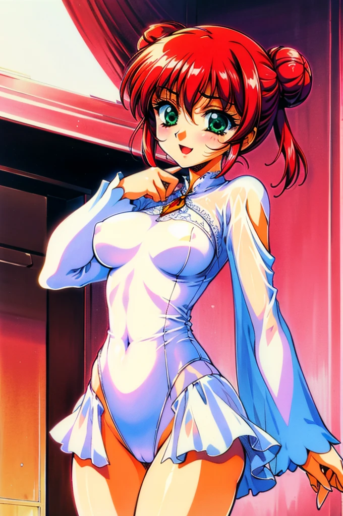 (masterpiece), best quality, highres, NSFW,
girl, (traditional media, 80s:1.4), (eyelashes:1.5),
(intricate high detailed body:1.2), (:1.4),
red hair, short hair, (twin messy bun),
green eyes,
lip stick,
slender body, large breasts,
(smirk:1.2), open mouth,
neckwear, (white lace leotard with sleeves:1.1),
(short frill skirt:1.1), see-through clothes, jewelry,
cowboy shot,
in royal palace,
