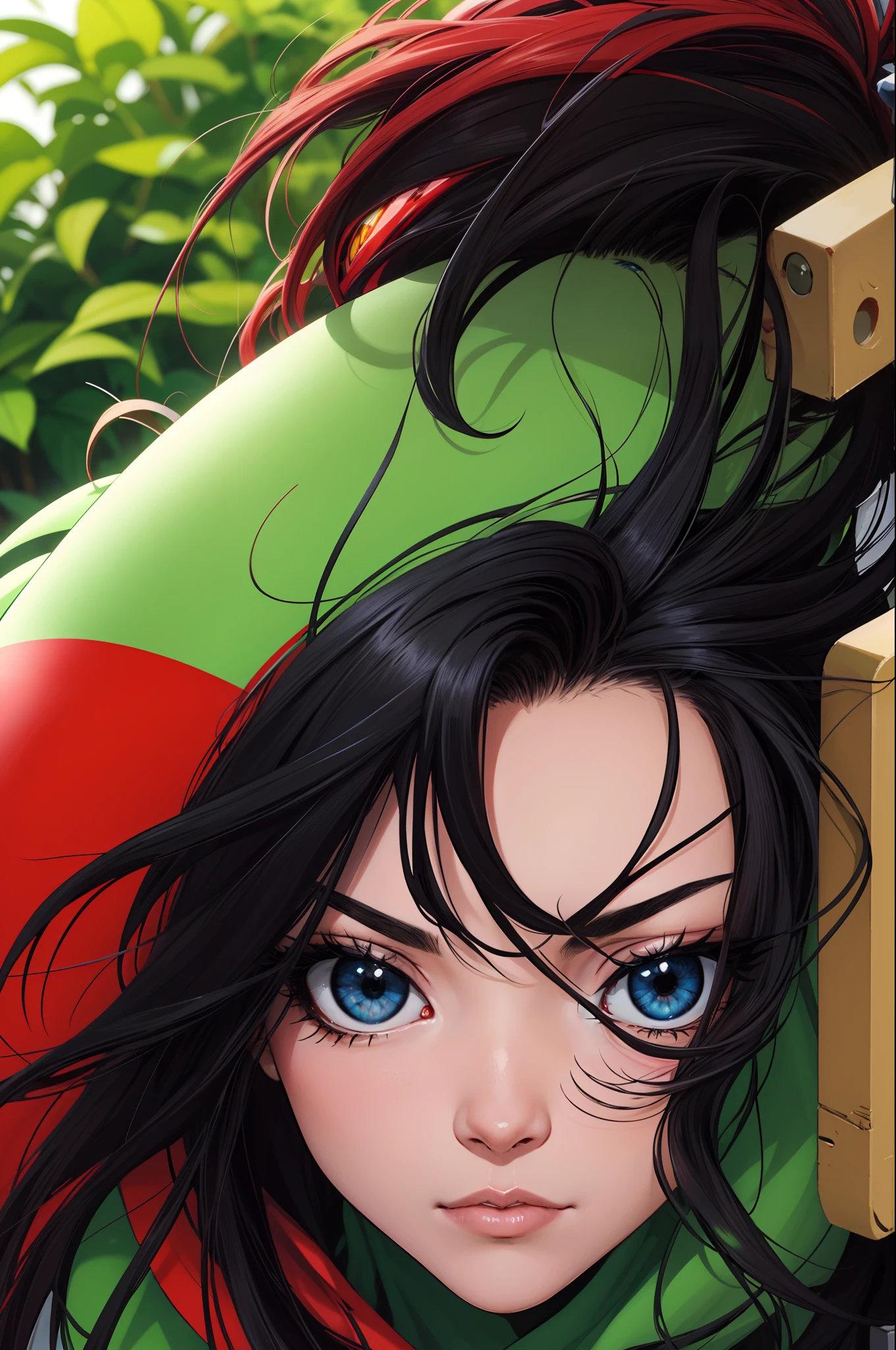 Chico anime de ojos grises, cabello largo, lacio de color negro con mechones rojos y verdes