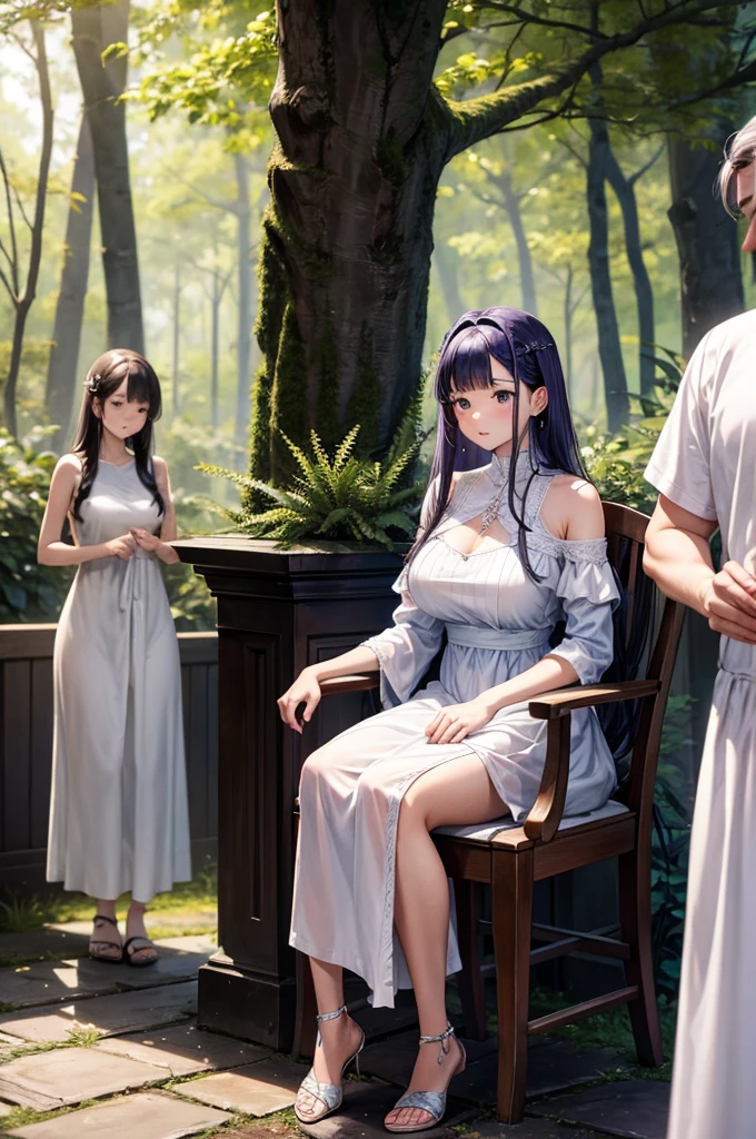 nsfw.hem of a long dress lift:1. A picture. There are one woman and three middle-aged men. She has a round face. Her height is 170cm and BMI is 25. Her hair is purple. Her hair is long with straight bangs. She has normal breasts. She is sitting in a wood chair in the woods. She is wearing a white long summer dress. She is breastfeeding with a nervous expression. One of the three middle-aged men present is assisting in supporting her.