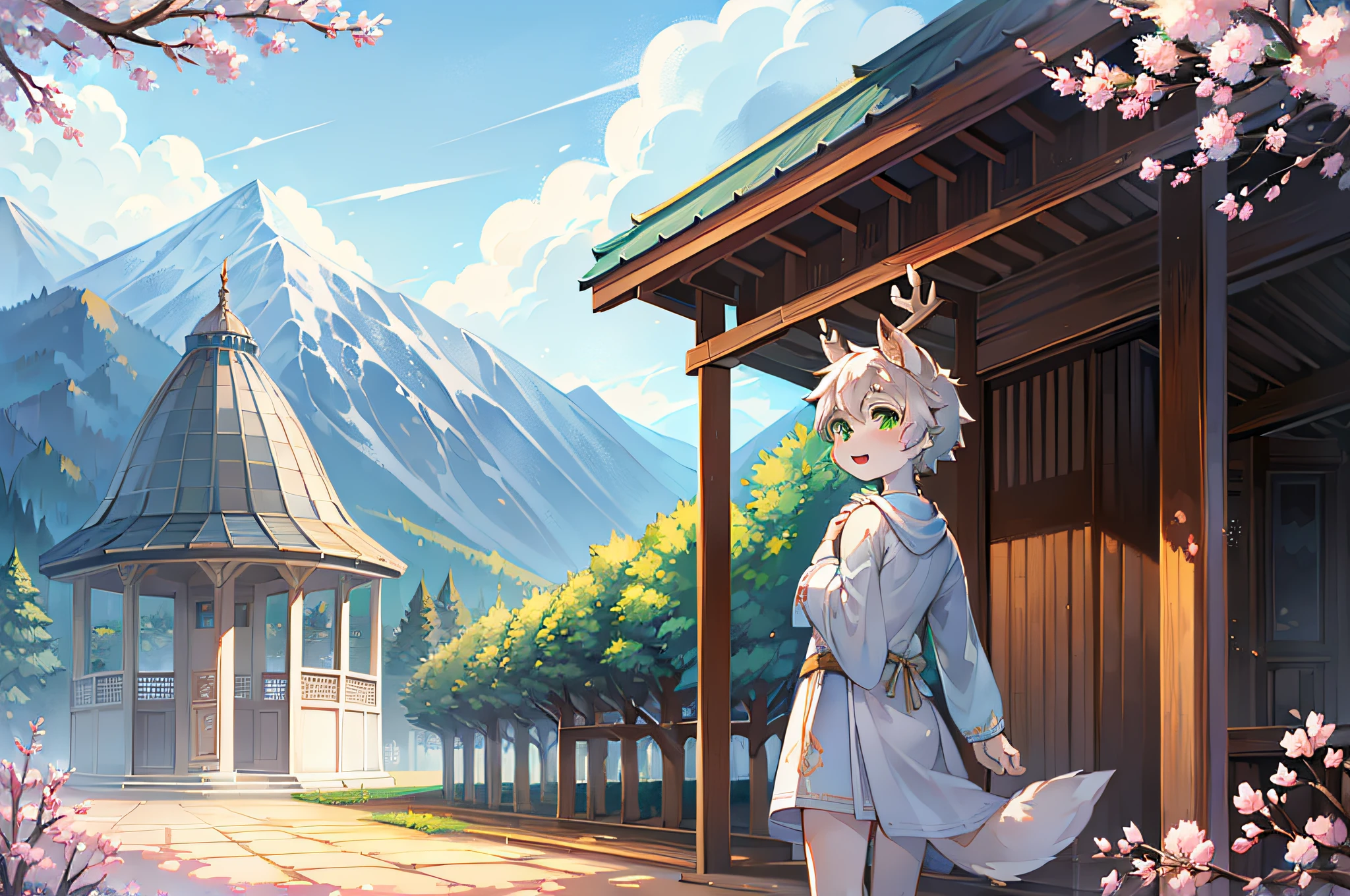 A white deer，Pavilion，clear blue skies，White robe，Shota，adolable，having fun，Green eyes，Fluttering sleeves，Green decoration，mountain ranges，Standard facial features，ornate backdrop，florals，Peach blossom tree