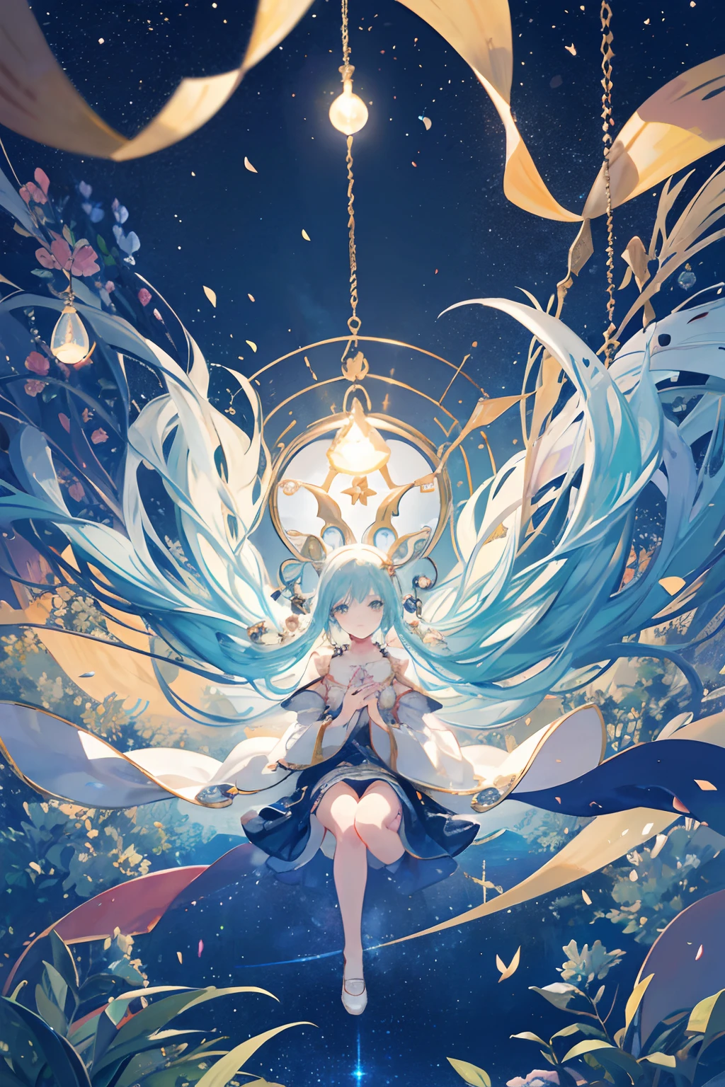 Create an illustration of a multitude of vibrant wind chimes suspended in a fantastical night sky. Each wind chime is intricately detailed, emitting a soft glow that adds to the enchanting ambiance. A boy or girl gazes up at the wind chimes, captivated by their beauty as they float gracefully in the air. The overall illustration should exude a nostalgic and dreamlike atmosphere, inviting viewers to immerse themselves in the magic of the night, where the delicate melodies of the wind chimes blend with the cosmic beauty of the starlit sky