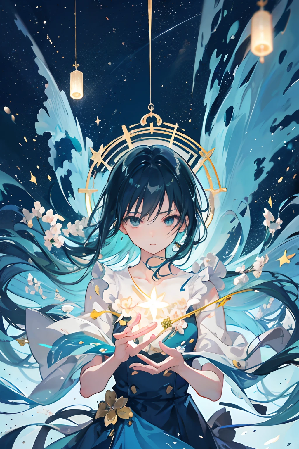 illustrations reminiscent of Makoto Shinkai's style, It has ultra-fine details and top-notch quality.Create an illustration of a multitude of vibrant wind chimes suspended in a fantastical night sky. Each wind chime is intricately detailed, emitting a soft glow that adds to the enchanting ambiance. A boy or girl gazes up at the wind chimes, captivated by their beauty as they float gracefully in the air. The overall illustration should exude a nostalgic and dreamlike atmosphere, inviting viewers to immerse themselves in the magic of the night, where the delicate melodies of the wind chimes blend with the cosmic beauty of the starlit sky