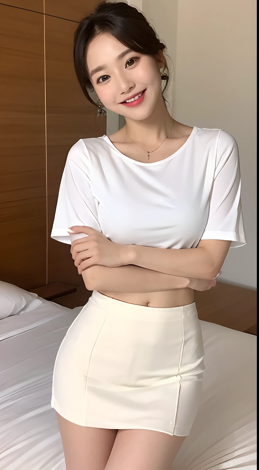 White tight shirt、White tight mini skirt、a bed、a smile、shortsleeves、high-level image quality