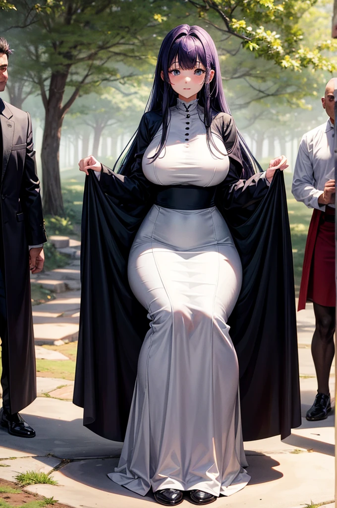 Gothic, huge chest, tall woman, curved, demon girl, long hair, christian,alone,catholic, latin cross,, forest city, plants, walking