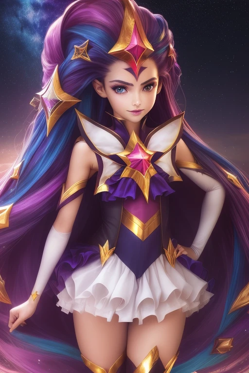 (sozinho, 1girl), (absurdos, ,Altas, papel de parede oficial, poster), (master part, melhor qualidade:1.2), (illustration, Realistic), (detalhes perfeitos, mais alto detalhado, extremamente detalhado), dramatic light, StarGuardianZoe, (coxas brancas, luvas de cotovelo, ornamento de cabelo, Star Guardian \(Liga das Lendas\), Choques, cabelos multicoloridos, cabelos azuis, cabelo roxo, cabelos longos, heterocromia), ((asymmetrical legwear)), (space, galaxy, Starry sky,sorriso maligno, sneer, carranca, flagrante, Standing)