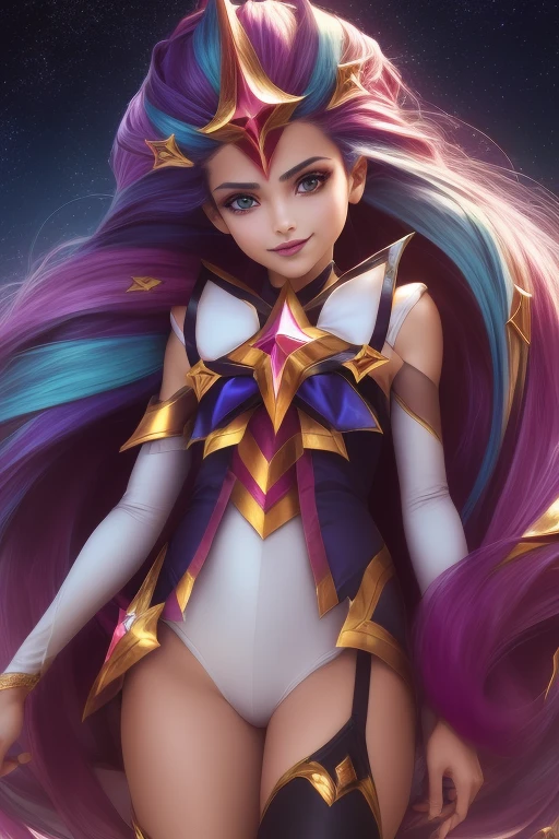 (sozinho, 1girl), (absurdos, ,Altas, papel de parede oficial, poster), (master part, melhor qualidade:1.2), (illustration, Realistic), (detalhes perfeitos, mais alto detalhado, extremamente detalhado), dramatic light, StarGuardianZoe, (coxas brancas, luvas de cotovelo, ornamento de cabelo, Star Guardian \(Liga das Lendas\), Choques, cabelos multicoloridos, cabelos azuis, cabelo roxo, cabelos longos, heterocromia), ((asymmetrical legwear)), (space, galaxy, Starry sky,sorriso maligno, sneer, carranca, flagrante, Standing)