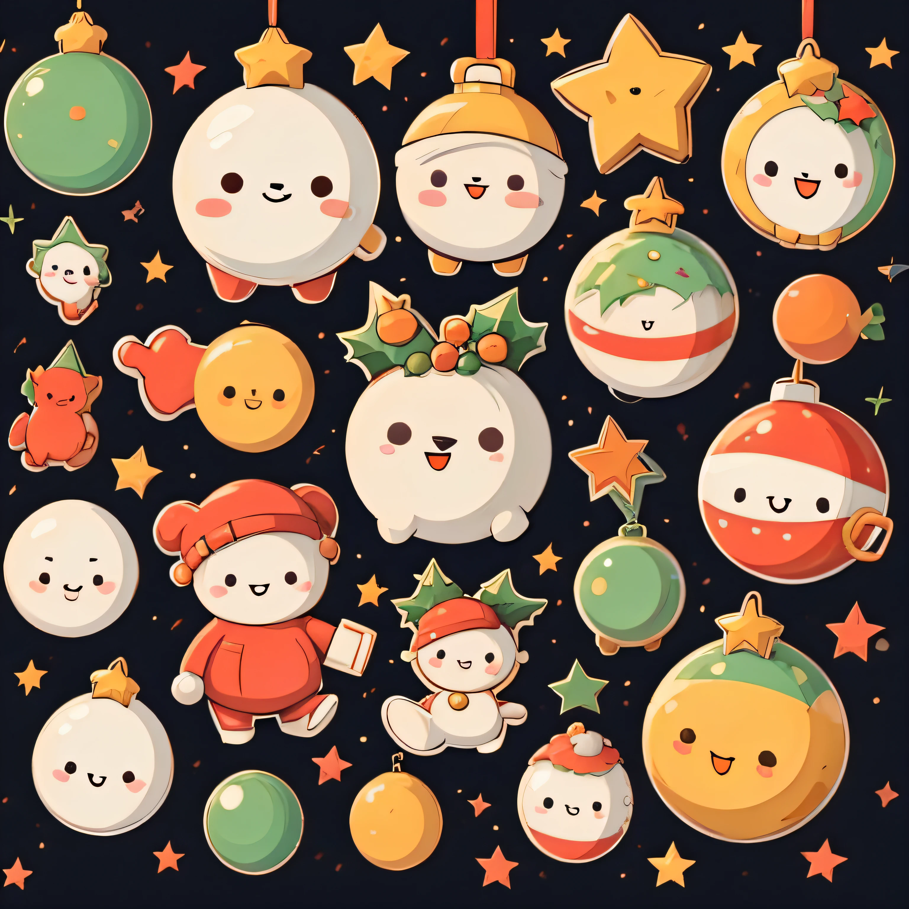 Stickers, cute Christmas ornaments, solid background,