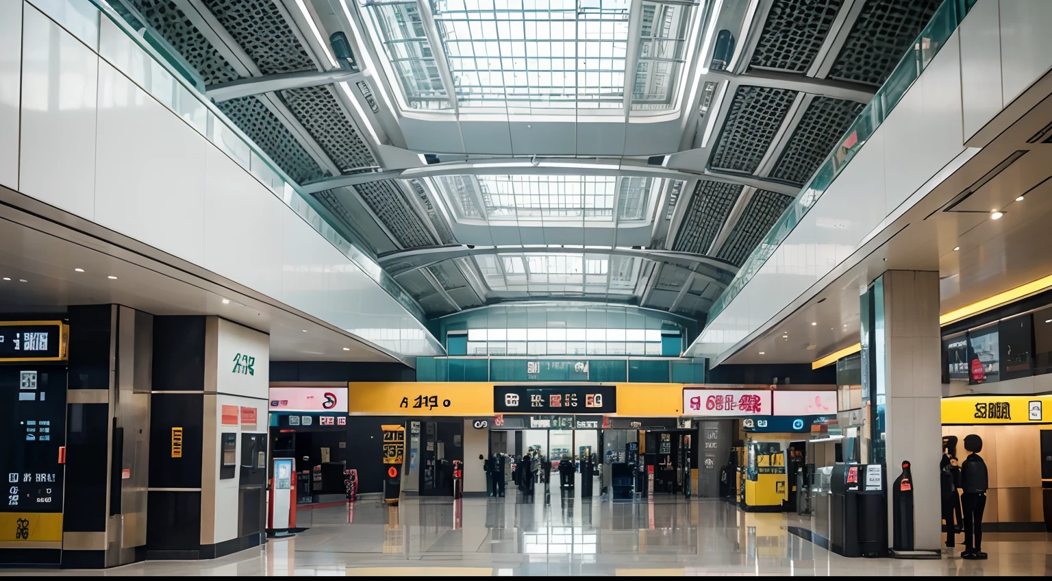 a hyper realistic photography of Terminal 1 in hong kong, no people, no words, Nikon D850 DSLR 4k camera, 100mm lens, F 1.2 aperture setting, bright and natural lighting, vibrant, fun and relaxing atmosphere