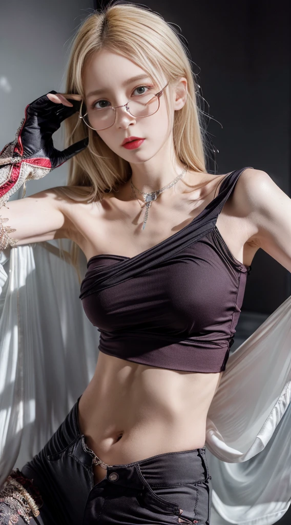 (8K, Masterpiece, RAW photo, Best quality, detail:1.3), (ultra realistic:1.4, scenary, 8K), Depth of field, Cinematic light, (ultra realistic face), 1girl, (Beautiful and elegant girl), (tight vivid red pants:1.4 BREAK), (skinny girl with glasses), (russian face:1.3), (natural abs), (full body:1.3), (tight black minitop:1.3), (small necklace, collarbone:1.1), (blonde), (ultra detailed skin:1.4), (tight gloves), (tight gap:1.4), (soft fabric skinny pants:1.4)