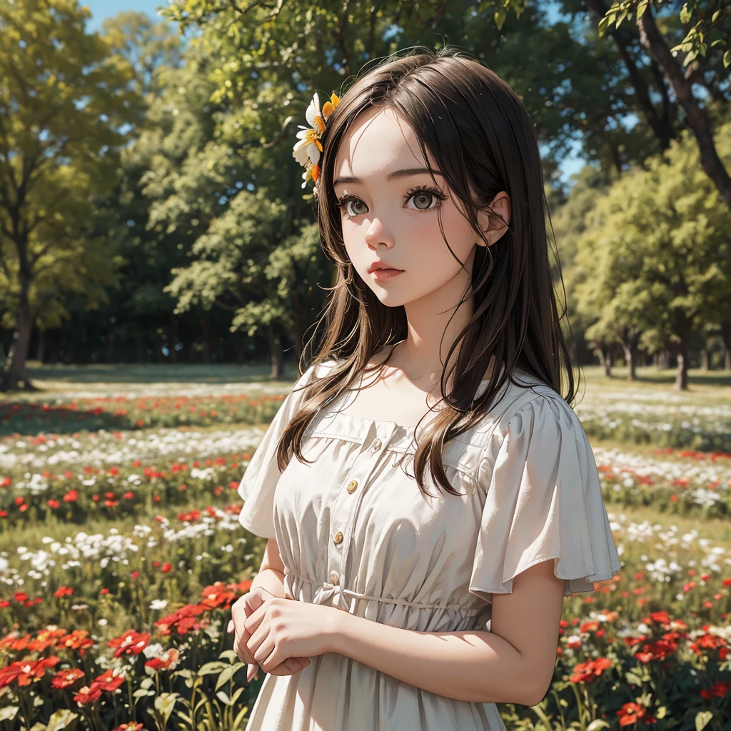 Hay una chica con un vestido rojo y blanco sosteniendo un ramo, Chica en flores, Recogiendo flores, sosteniendo flores, recogiendo una flor, Chica de pie en el campo de flores, Chica parada en un campo de flores, Flores en las mejillas del heredero, Chica en un campo de flores, Retrato de chica en campo de flores, Chica caminando en el bosque, Chica con cabeza de flor