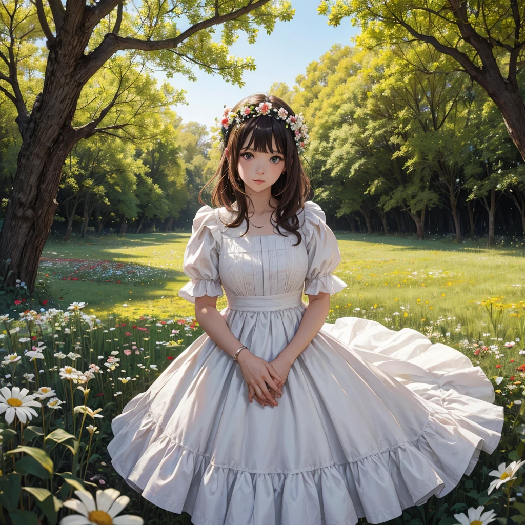 Hay una chica con un vestido rojo y blanco sosteniendo un ramo, Chica en flores, Recogiendo flores, sosteniendo flores, recogiendo una flor, Chica de pie en el campo de flores, Chica parada en un campo de flores, Flores en las mejillas del heredero, Chica en un campo de flores, Retrato de chica en campo de flores, Chica caminando en el bosque, Chica con cabeza de flor