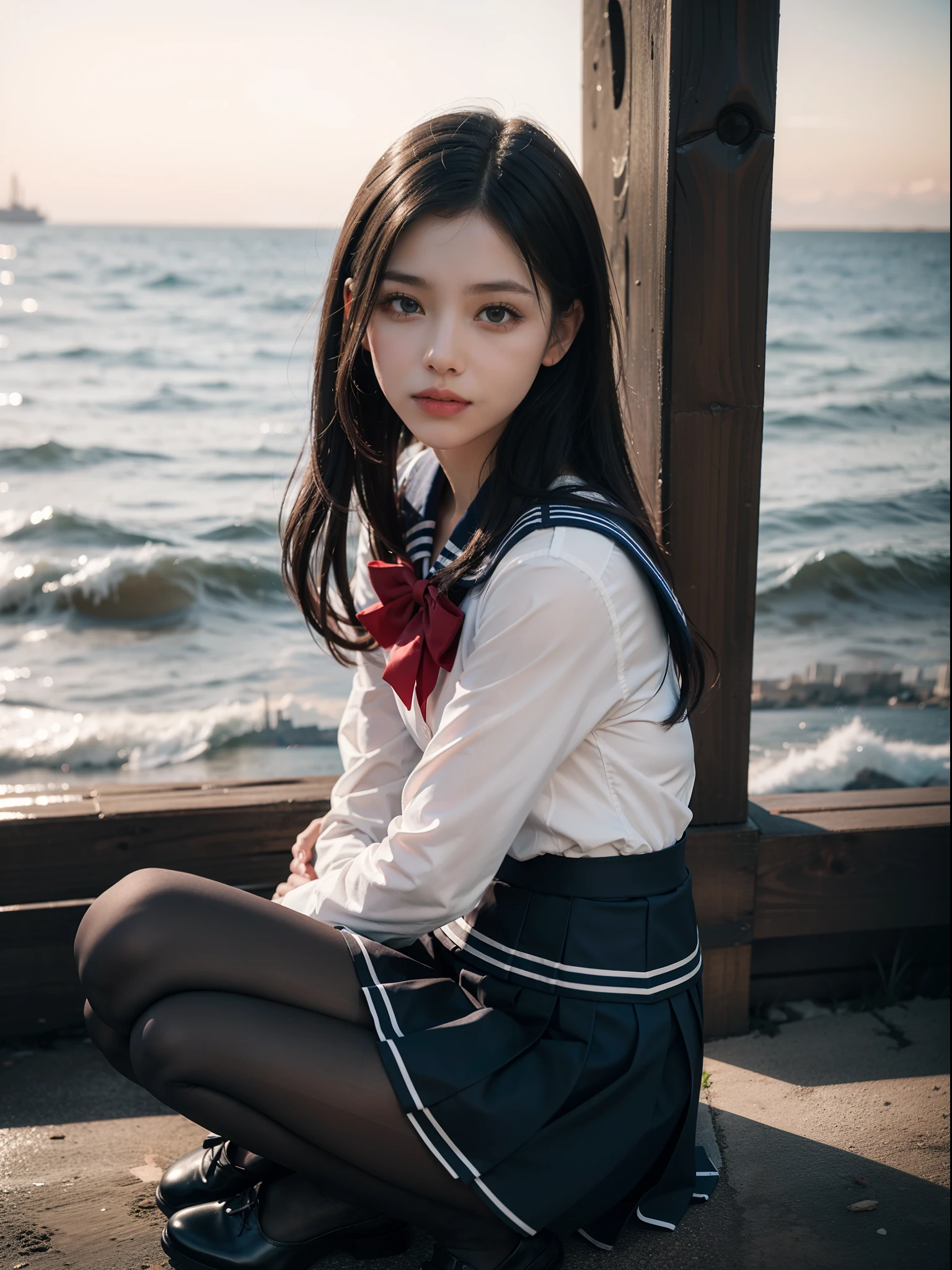 (full bodyesbian:1.5),(1girll:1.3),(view the viewer:1.4),(anatomy correct:1.3),(Sitting by the sea:1.2),(Red and blue sailor suits,Pleated skirt with ribbon:1.2),(Sepia pantyhose:1.3),( JK school uniform girls bow small leather shoes:1.1),(Accurate and perfect face:1.3),hyper HD, Ray traching, reflective light, structurally correct, Award-Awarded, High detail, Fade in and out shadow contrast, Face lighting ,Cinematic lighting, Masterpiece, super detailing, High quality, High detail, Best quality, 16k,High contrast,